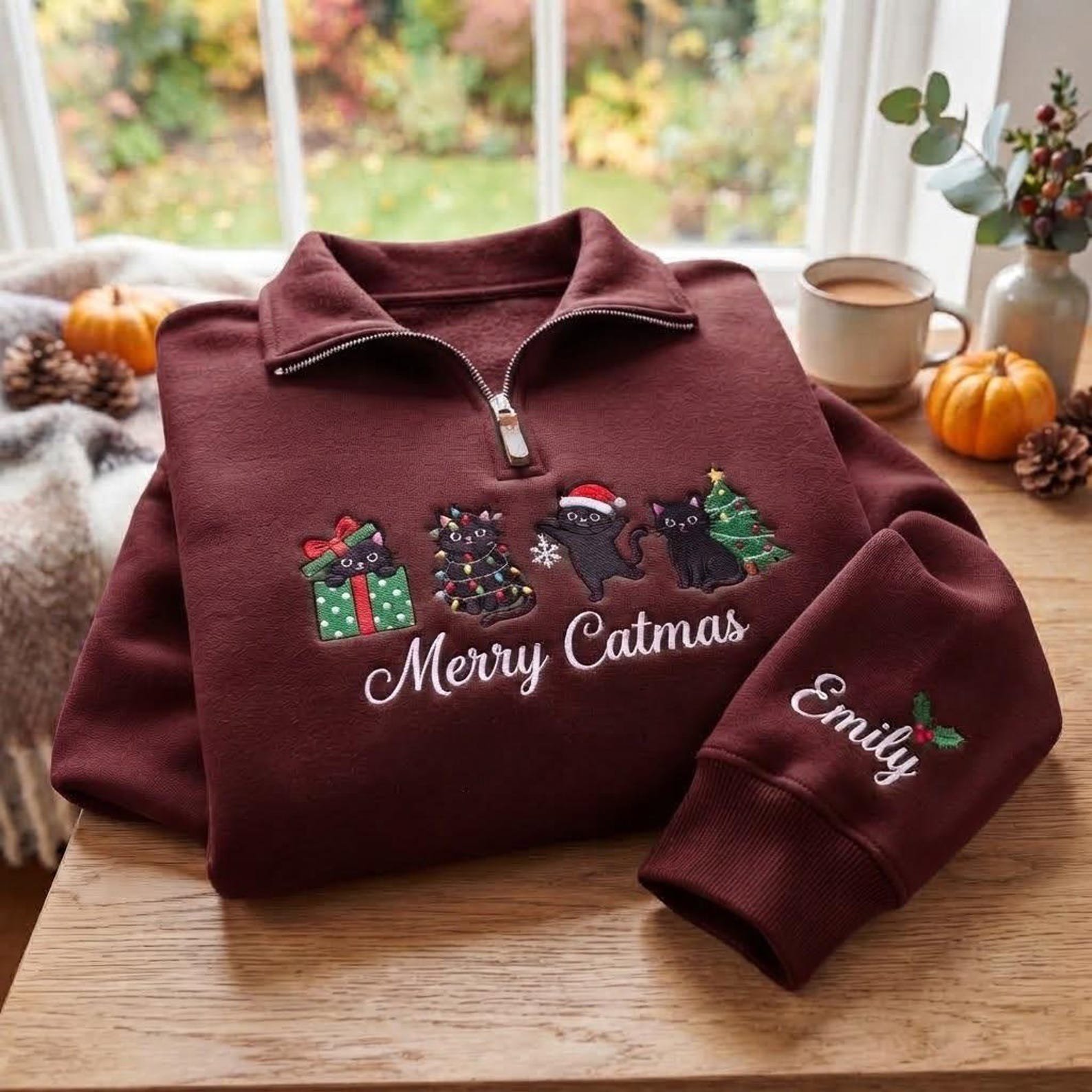 Embroidered Christmas Cat Quarter Zip Sweatshirt, Merry Catmas Shirt, Black Cat Christmas Sweater, Personalized Cat Lover Gift 6