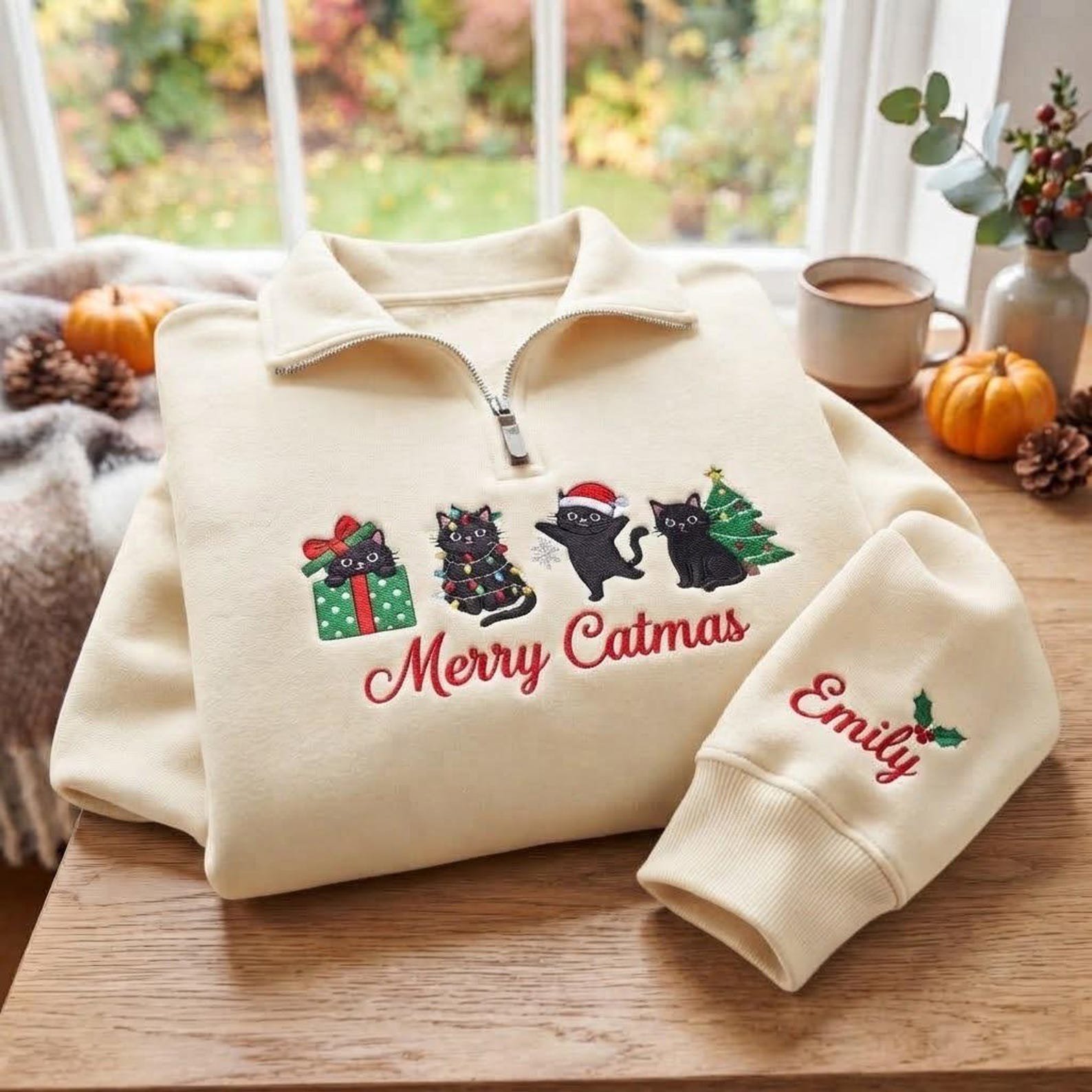 Embroidered Christmas Cat Quarter Zip Sweatshirt, Merry Catmas Shirt, Black Cat Christmas Sweater, Personalized Cat Lover Gift 7