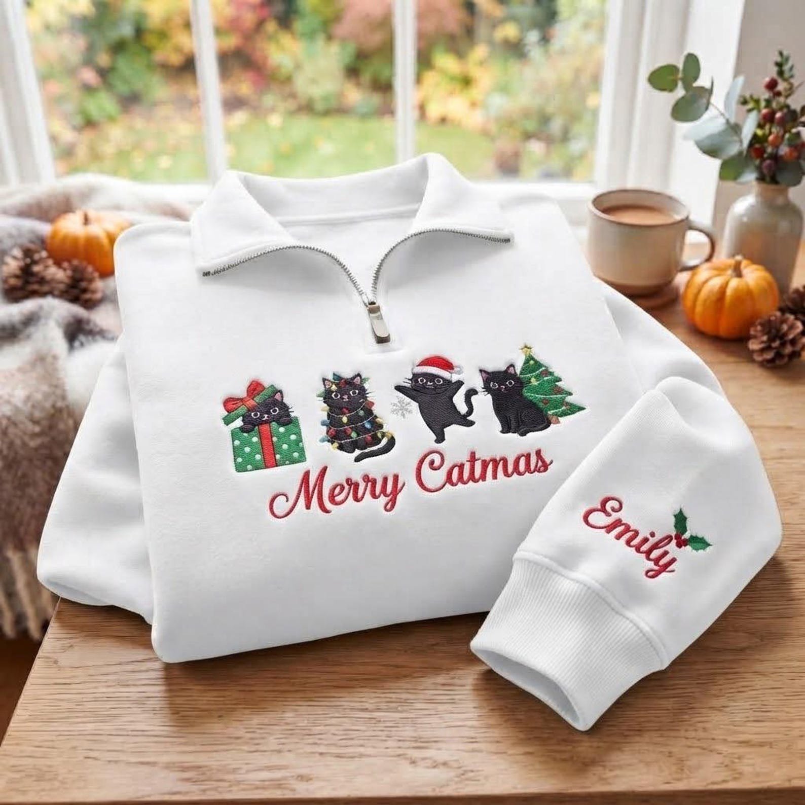 Embroidered Christmas Cat Quarter Zip Sweatshirt, Merry Catmas Shirt, Black Cat Christmas Sweater, Personalized Cat Lover Gift 8