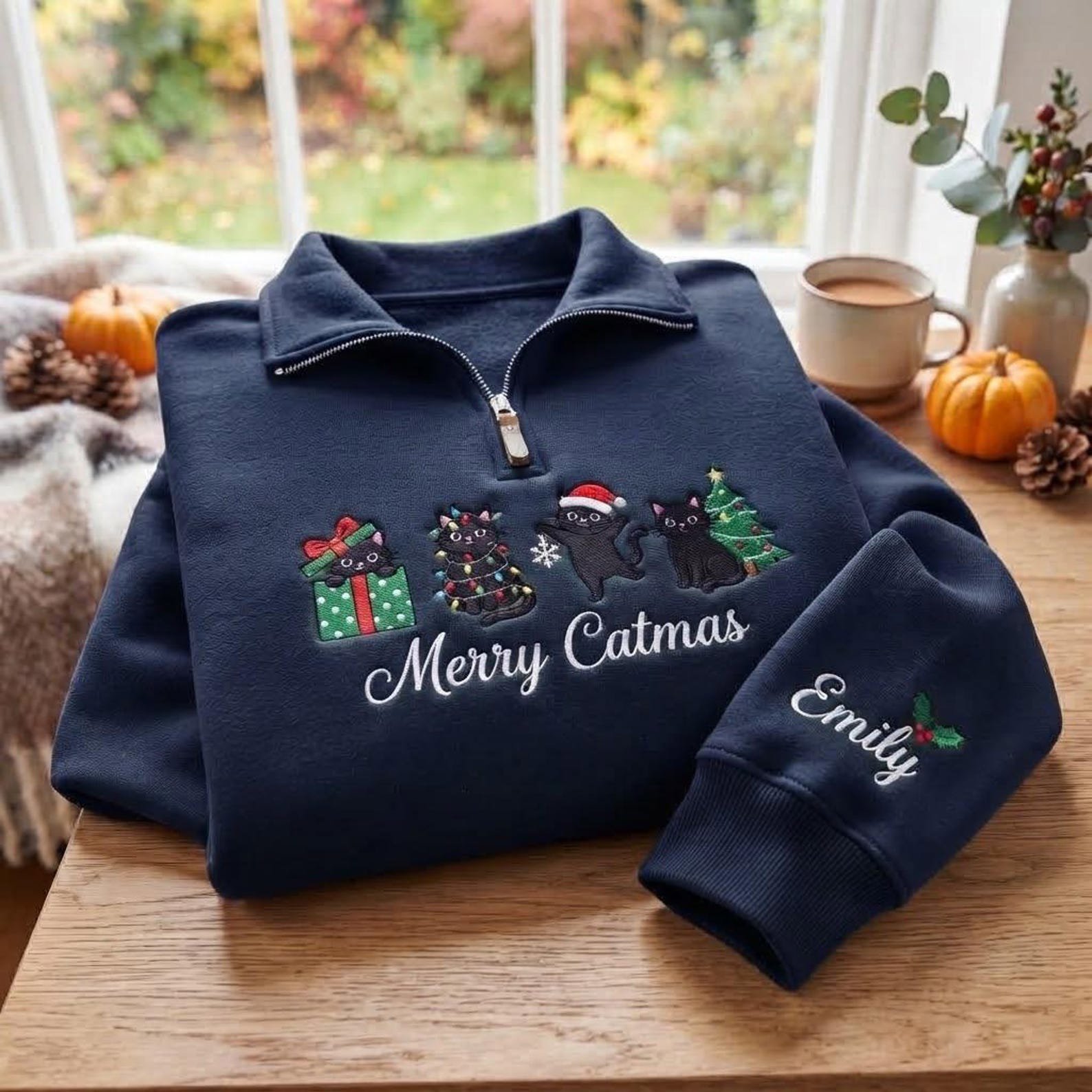 Embroidered Christmas Cat Quarter Zip Sweatshirt, Merry Catmas Shirt, Black Cat Christmas Sweater, Personalized Cat Lover Gift 9