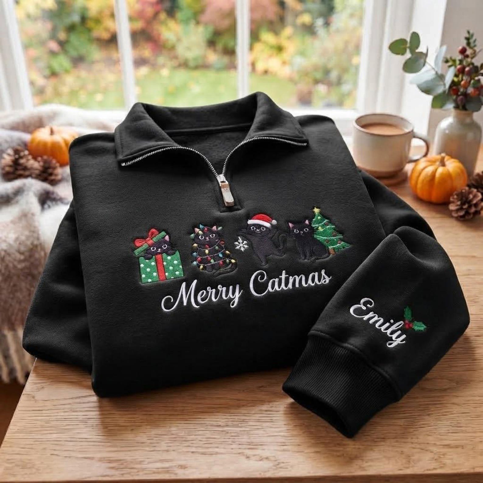 Embroidered Christmas Cat Quarter Zip Sweatshirt, Merry Catmas Shirt, Black Cat Christmas Sweater, Personalized Cat Lover Gift 10