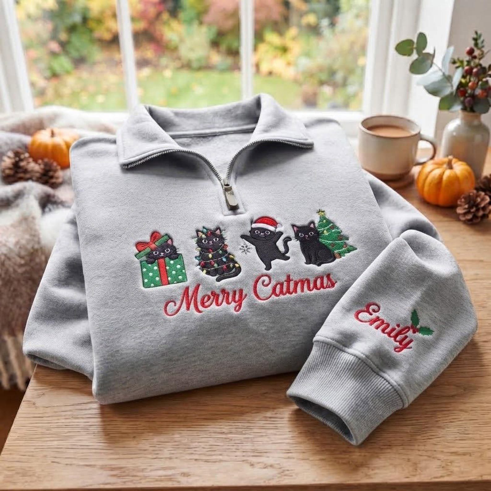 Embroidered Christmas Cat Quarter Zip Sweatshirt, Merry Catmas Shirt, Black Cat Christmas Sweater, Personalized Cat Lover Gift 11