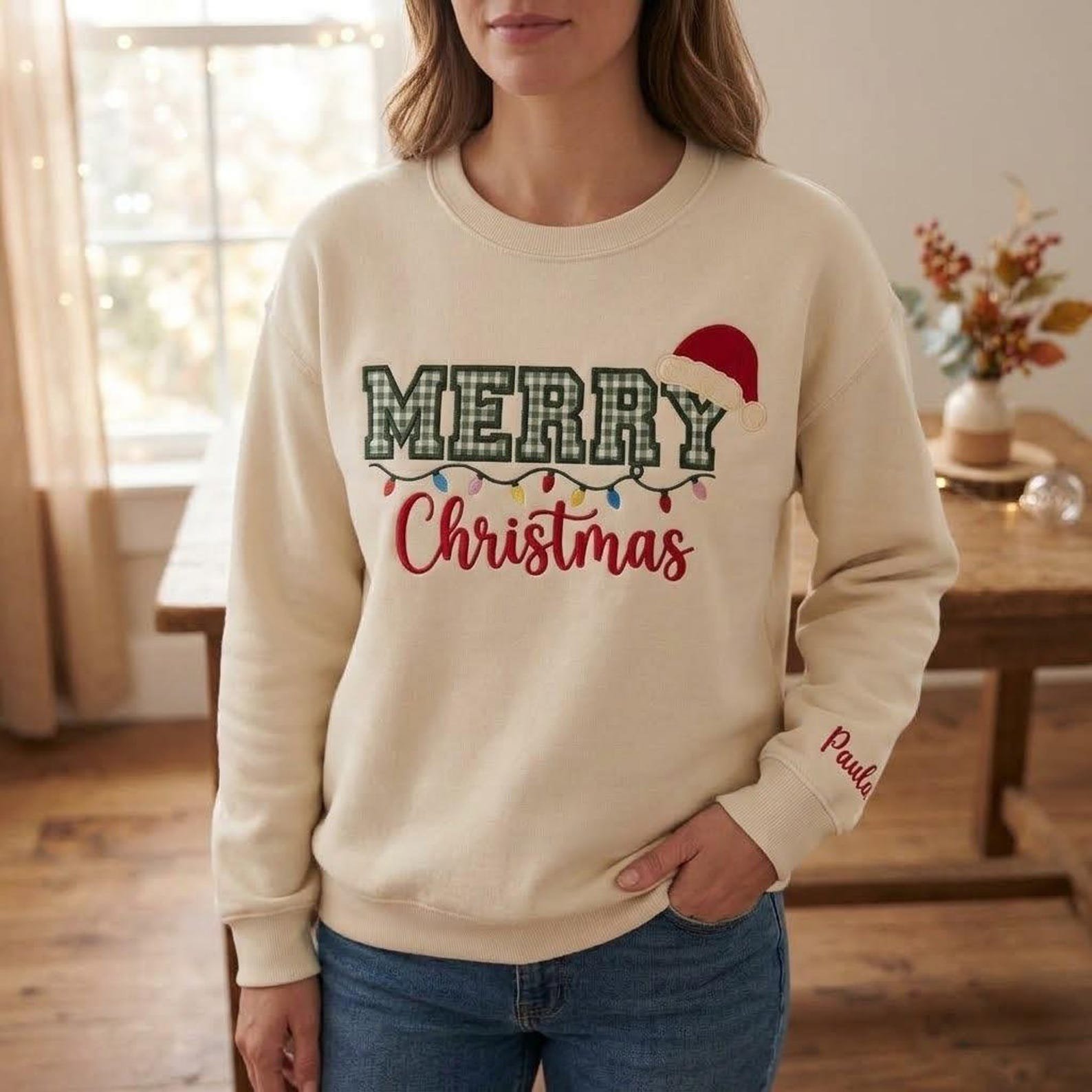 Embroidered Merry Christmas Gingham Applique Sweatshirt, Personalized Christmas Sweatshirt, Christmas Light Shirt, Christmas Gift 3