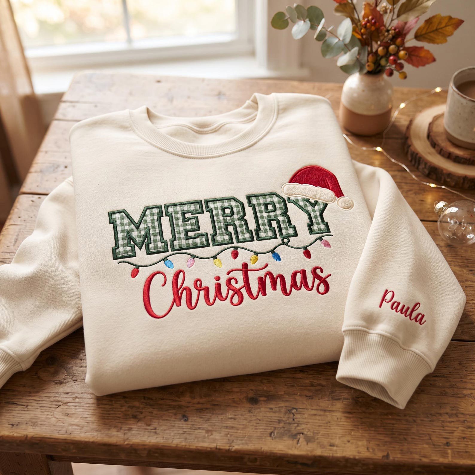 Embroidered Merry Christmas Gingham Applique Sweatshirt, Personalized Christmas Sweatshirt, Christmas Light Shirt, Christmas Gift 1