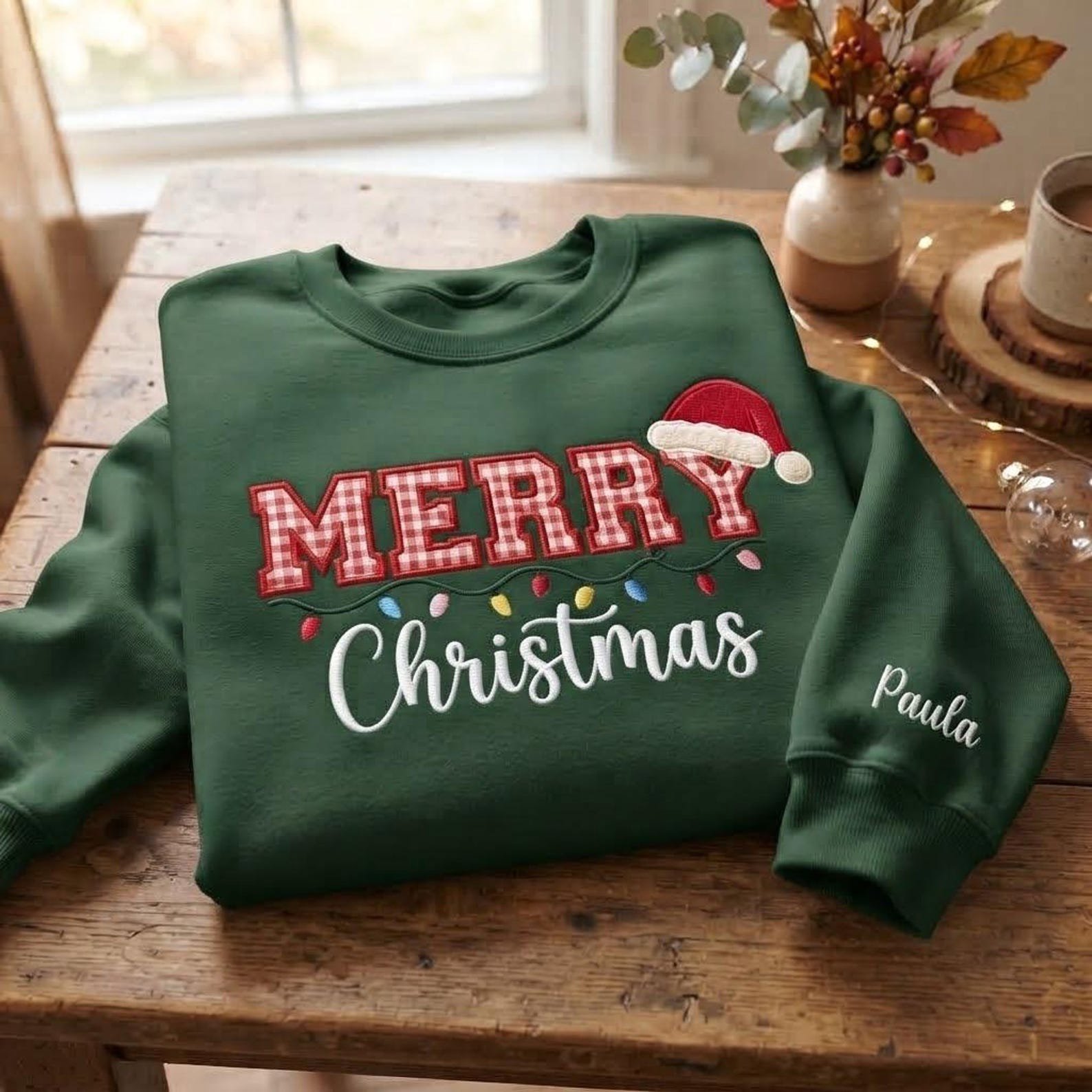 Embroidered Merry Christmas Gingham Applique Sweatshirt, Personalized Christmas Sweatshirt, Christmas Light Shirt, Christmas Gift 5