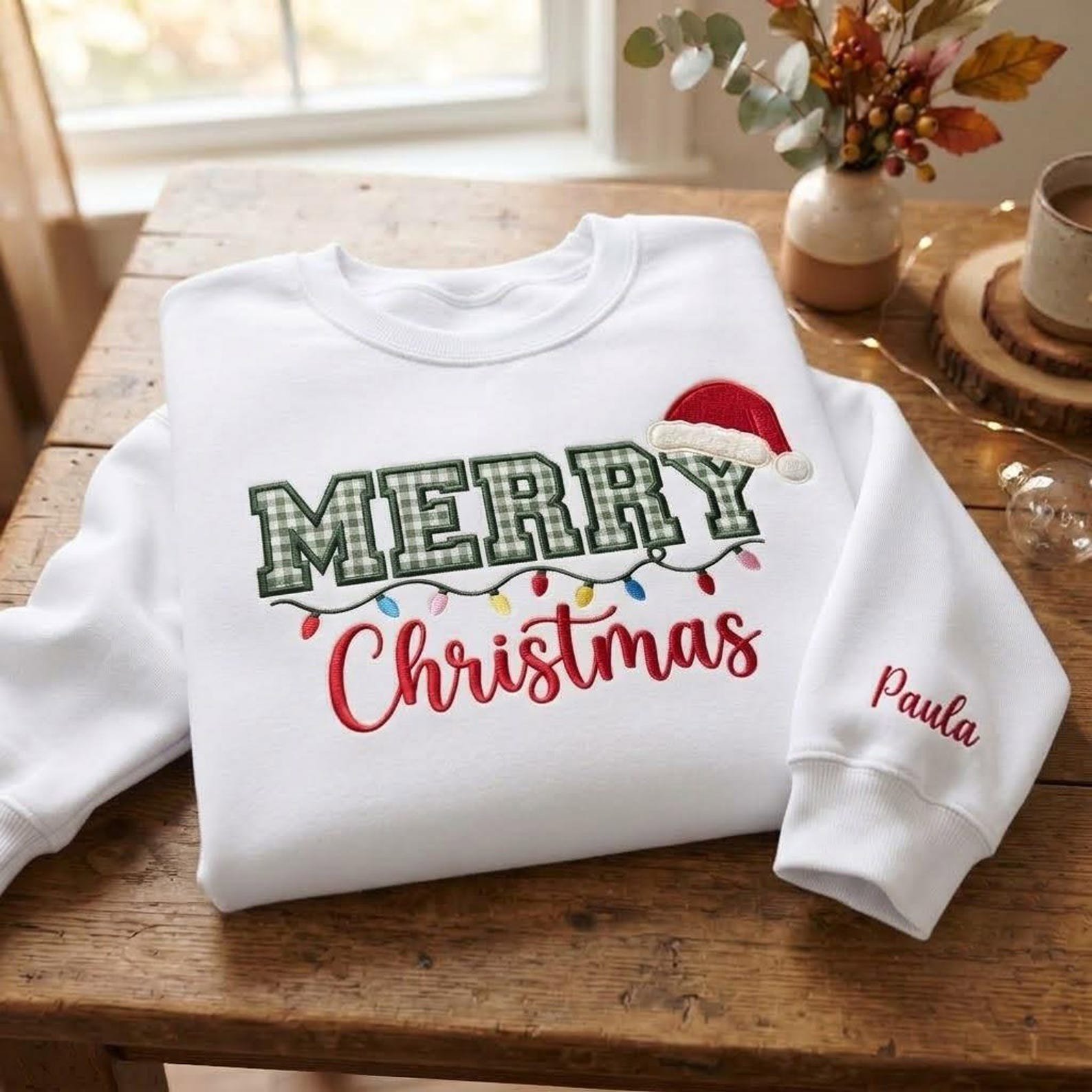 Embroidered Merry Christmas Gingham Applique Sweatshirt, Personalized Christmas Sweatshirt, Christmas Light Shirt, Christmas Gift 4