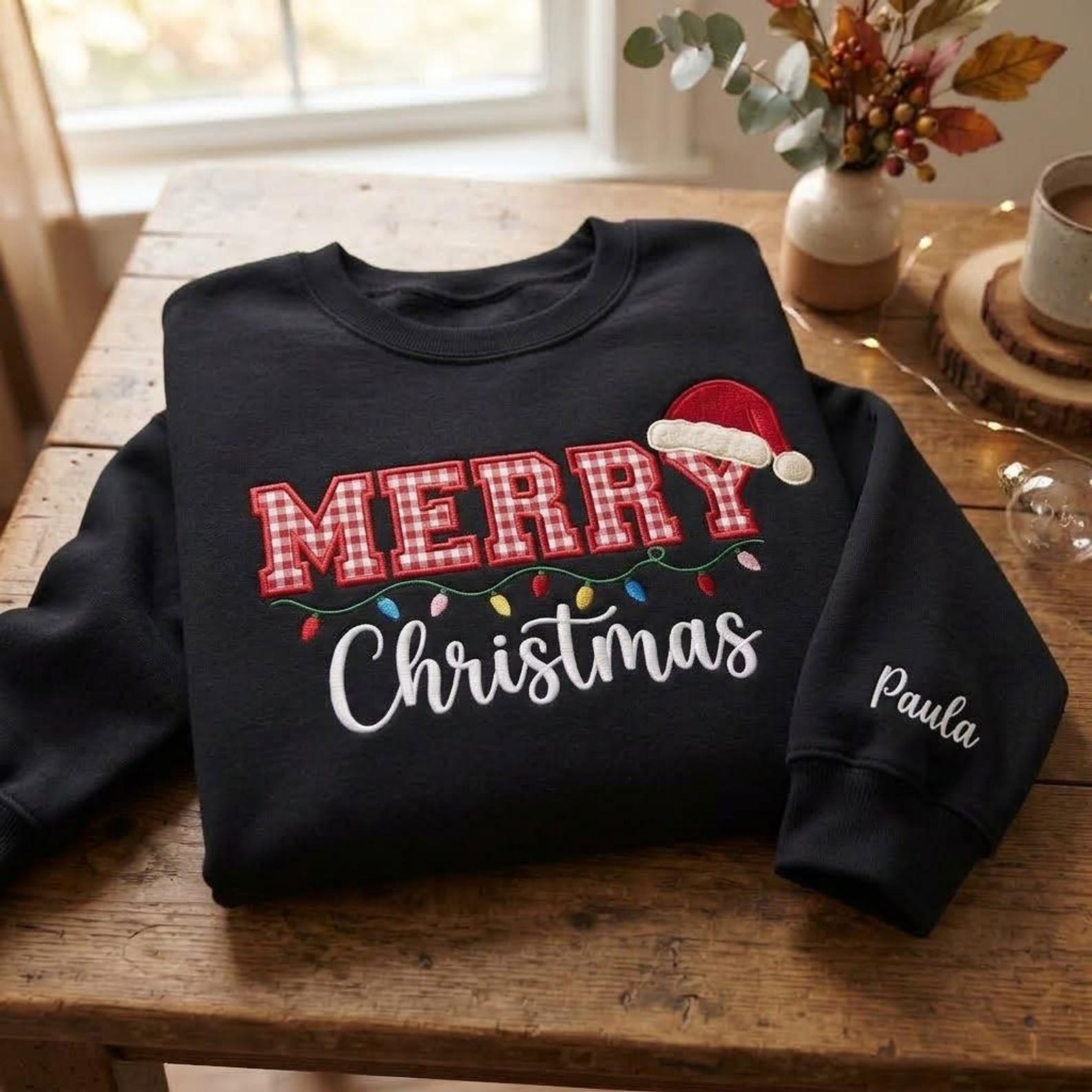 Embroidered Merry Christmas Gingham Applique Sweatshirt, Personalized Christmas Sweatshirt, Christmas Light Shirt, Christmas Gift 8