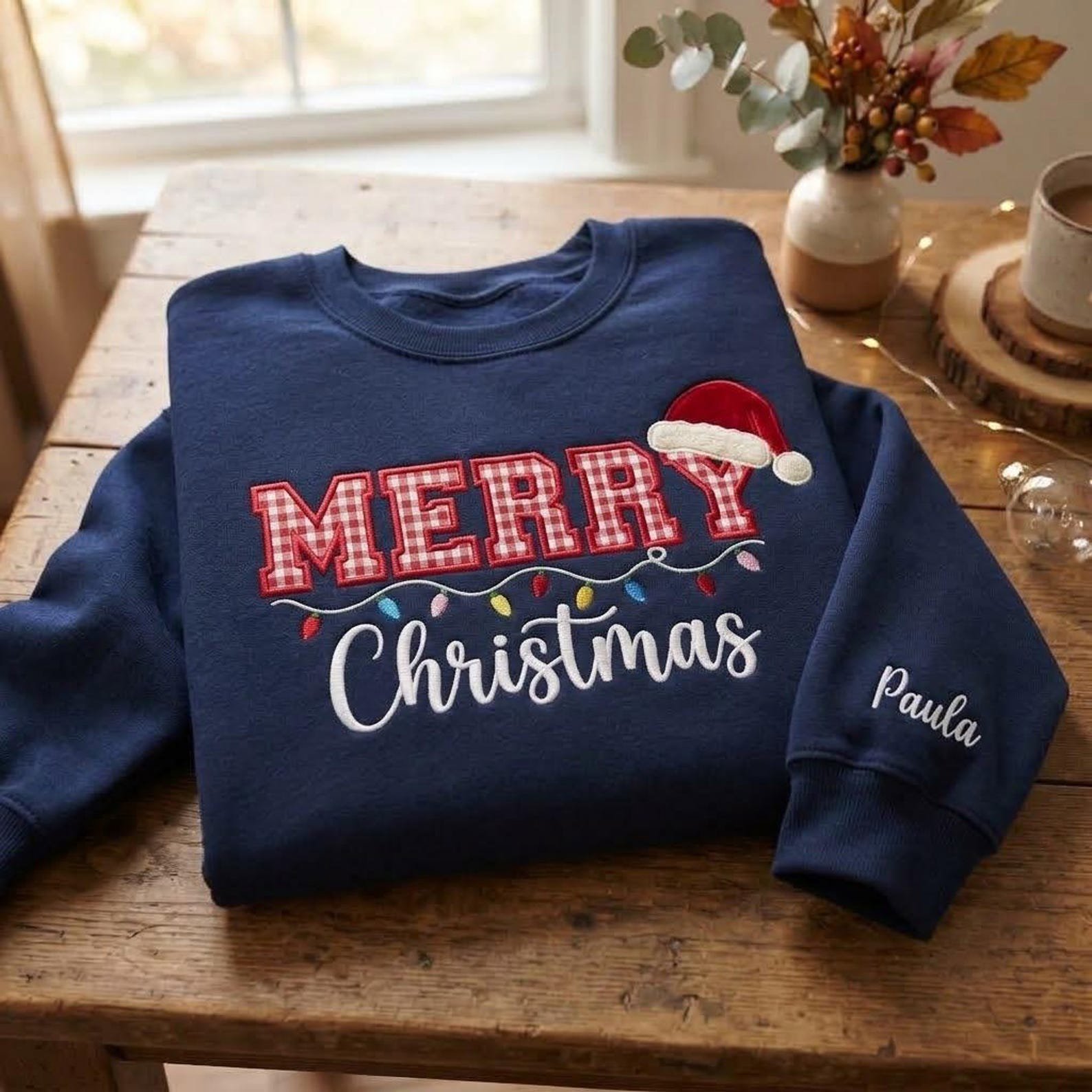 Embroidered Merry Christmas Gingham Applique Sweatshirt, Personalized Christmas Sweatshirt, Christmas Light Shirt, Christmas Gift 7