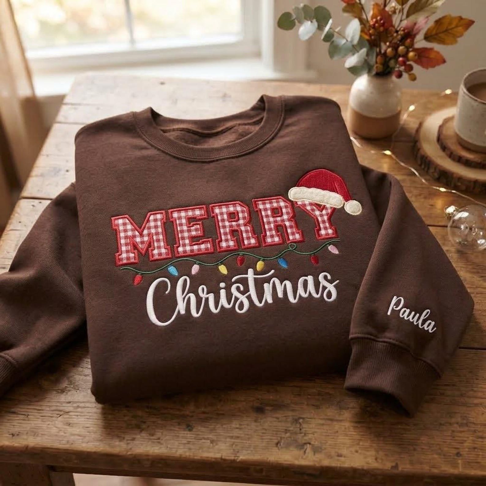 Embroidered Merry Christmas Gingham Applique Sweatshirt, Personalized Christmas Sweatshirt, Christmas Light Shirt, Christmas Gift 6