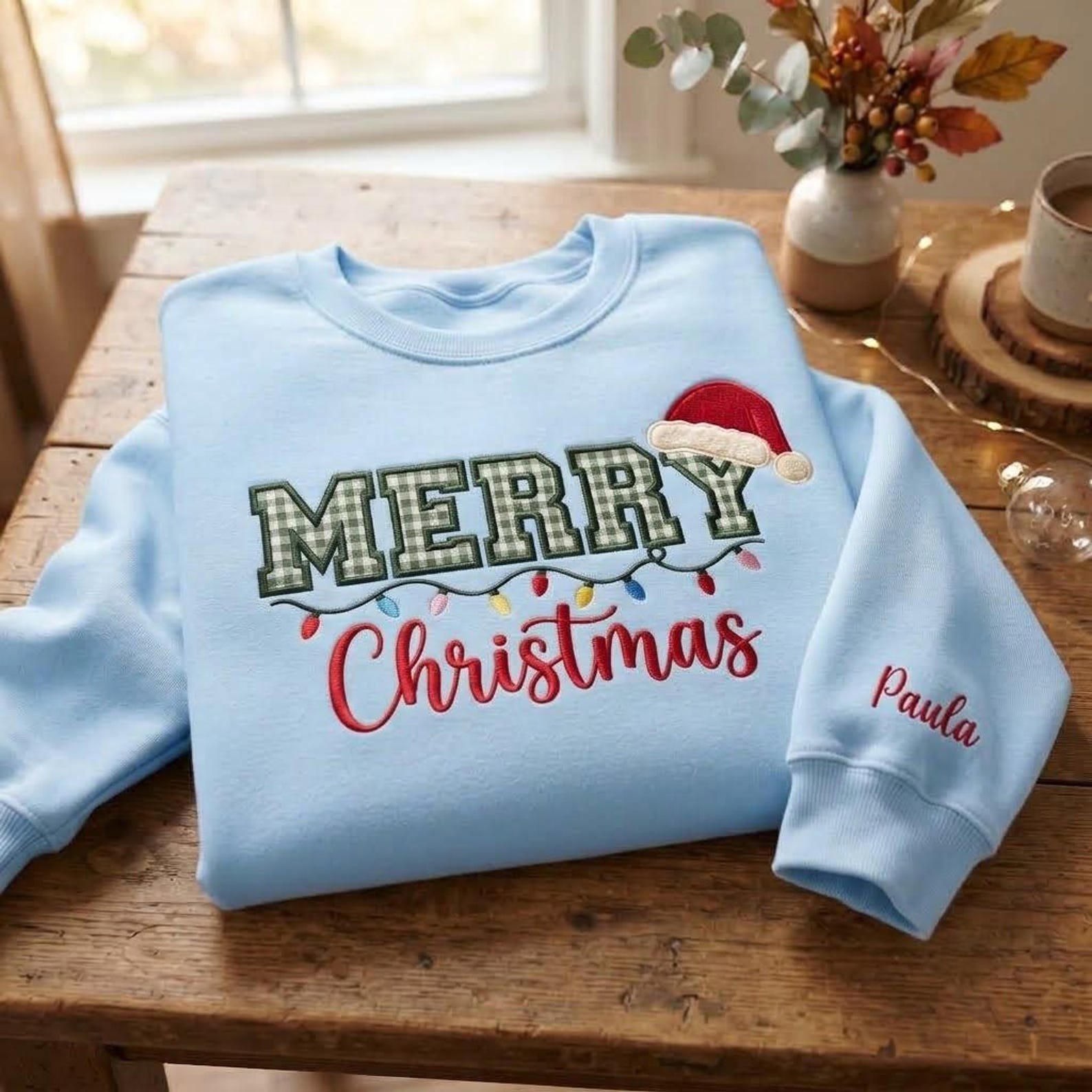 Embroidered Merry Christmas Gingham Applique Sweatshirt, Personalized Christmas Sweatshirt, Christmas Light Shirt, Christmas Gift 9