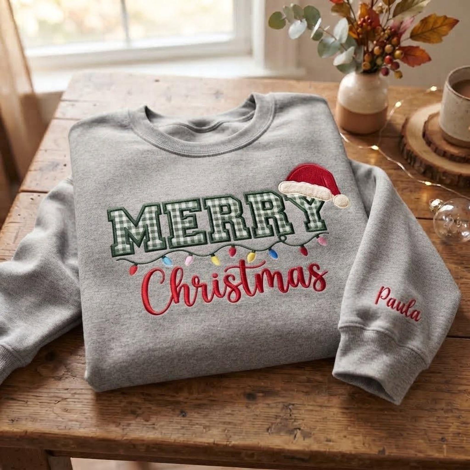Embroidered Merry Christmas Gingham Applique Sweatshirt, Personalized Christmas Sweatshirt, Christmas Light Shirt, Christmas Gift 10
