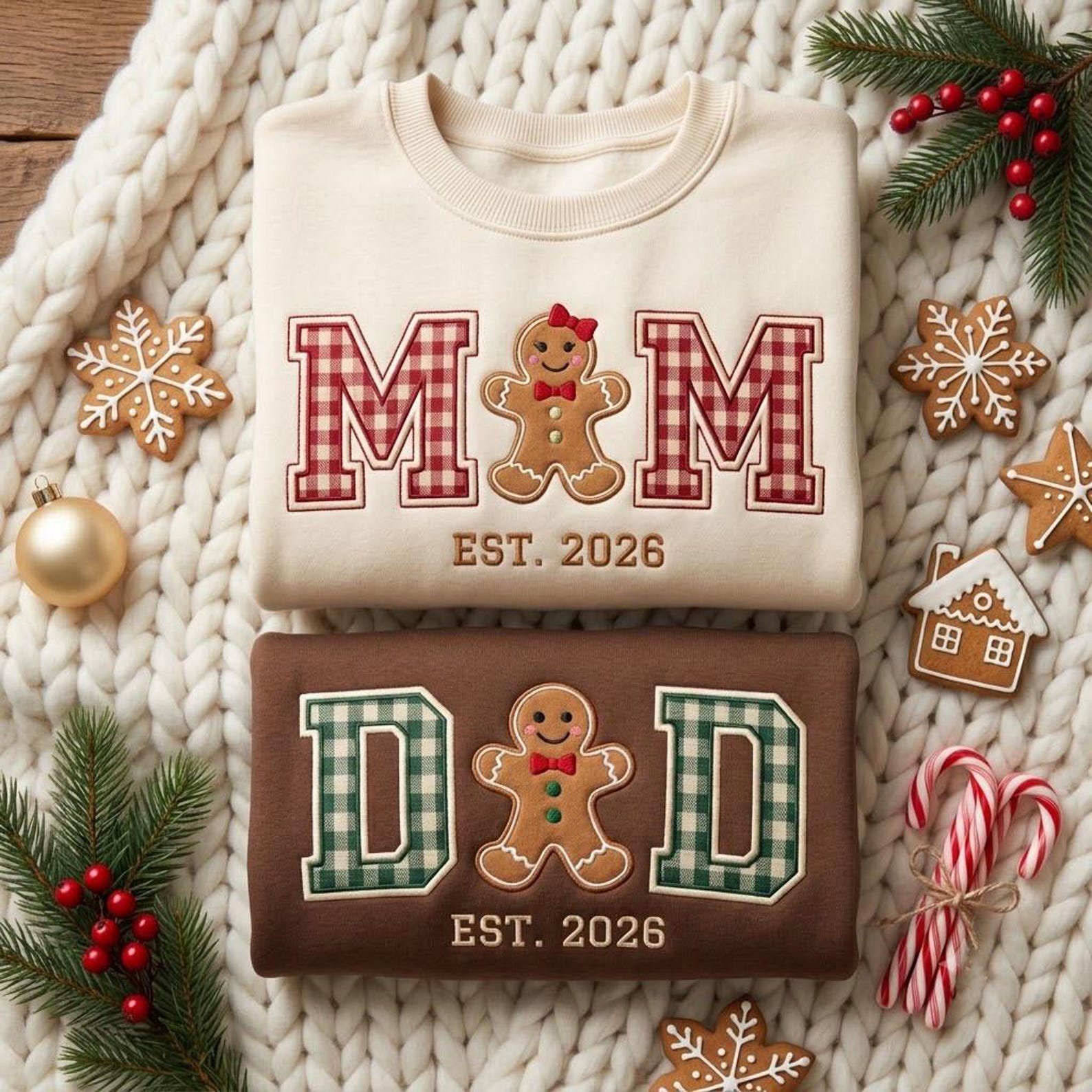 Embroidered Mom Dad Christmas Sweatshirt, Gingerbread Gingham Applique Crewneck, Matching Family Holiday Shirt, Christmas Gift 1