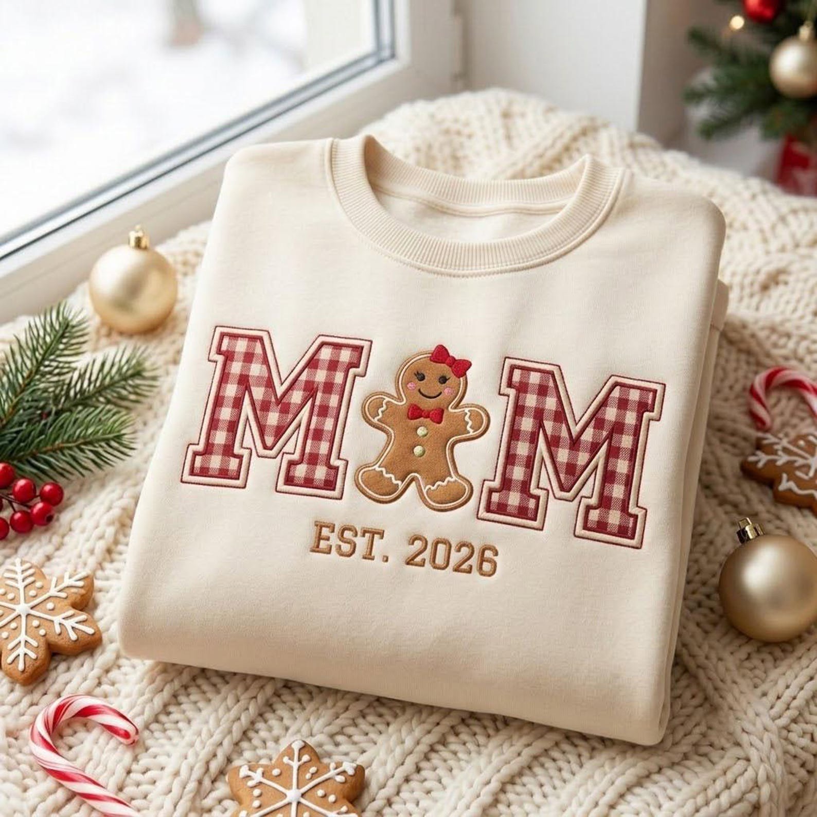 Embroidered Mom Dad Christmas Sweatshirt, Gingerbread Gingham Applique Crewneck, Matching Family Holiday Shirt, Christmas Gift 3