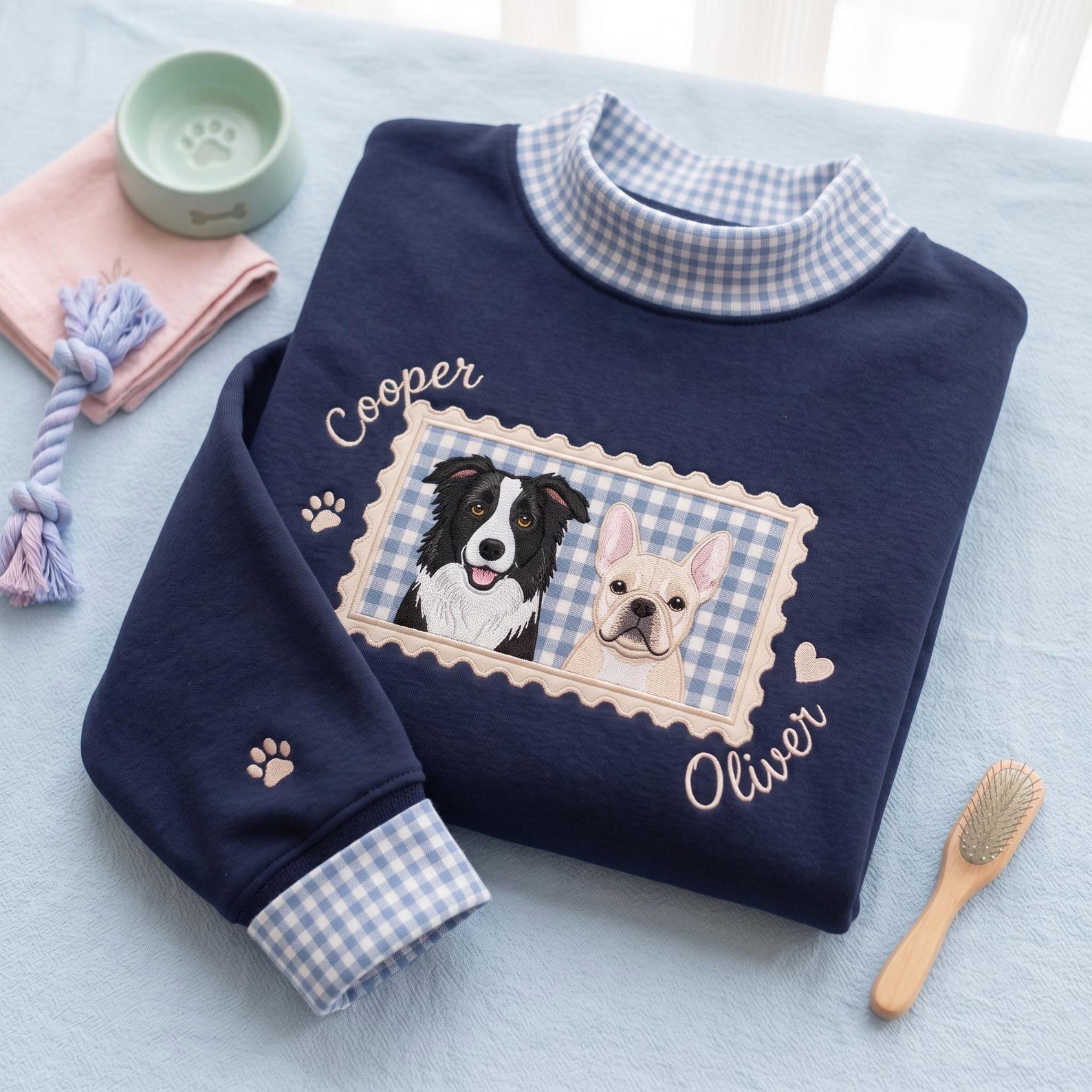 Custom Pet Portrait Gingham Mock Neck Sweatshirt, Custom Dog Name Applique Shirt, Custom Dog Face Photo Shirt, Pet Lover Gift 2