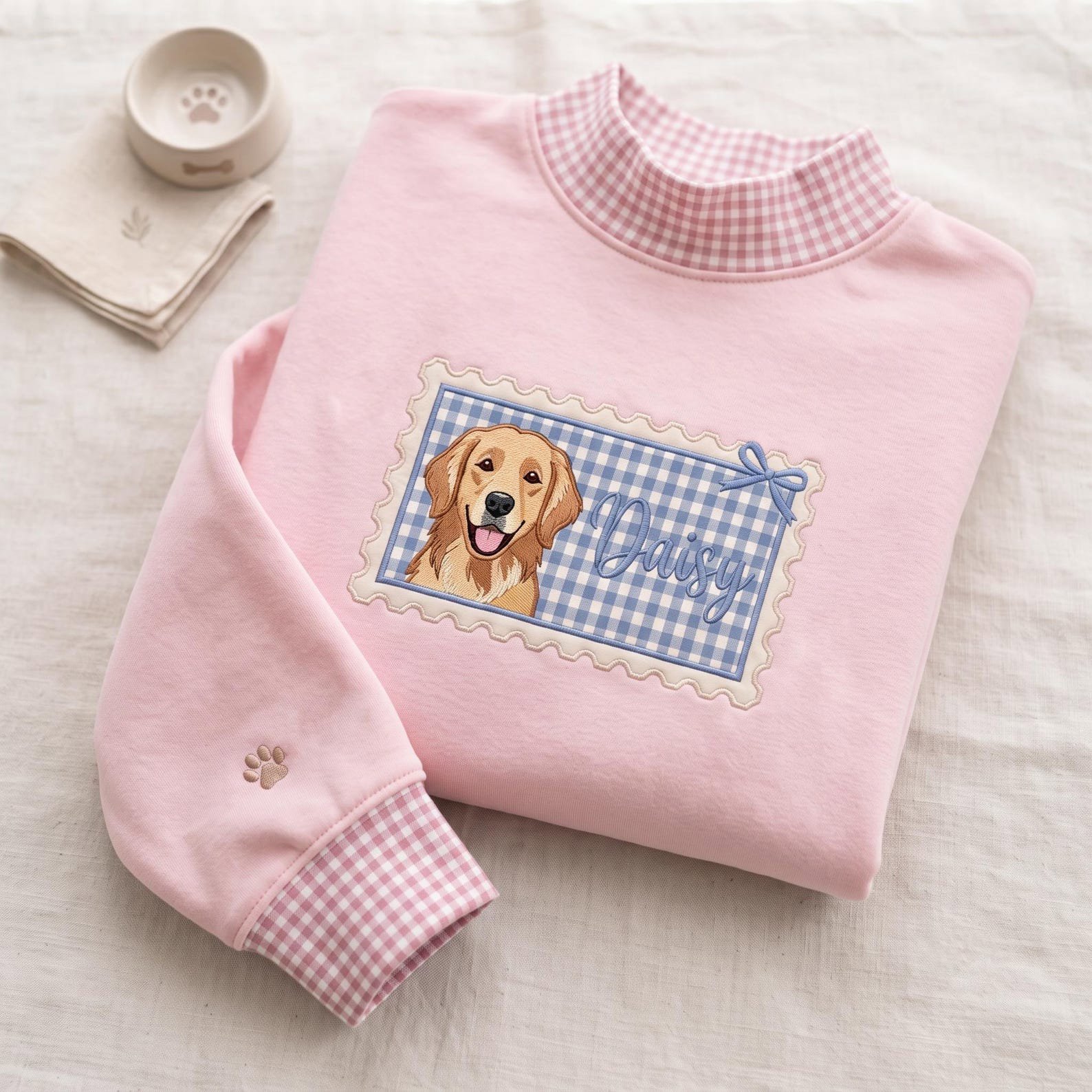 Custom Pet Portrait Gingham Mock Neck Sweatshirt, Custom Dog Name Applique Shirt, Custom Dog Face Photo Shirt, Pet Lover Gift 4