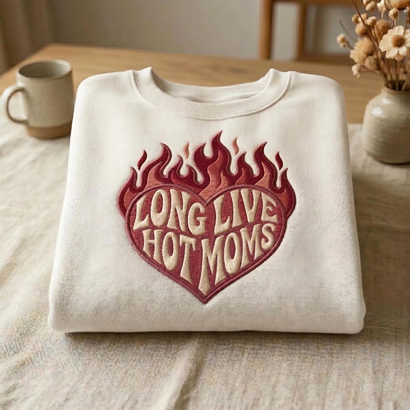 Embroidered Long Live Hot Moms Sweatshirt, Funny Mom Gift, Aesthetic Mom Crewneck, Retro Flame Heart Shirt, Mothers Day Gift 2