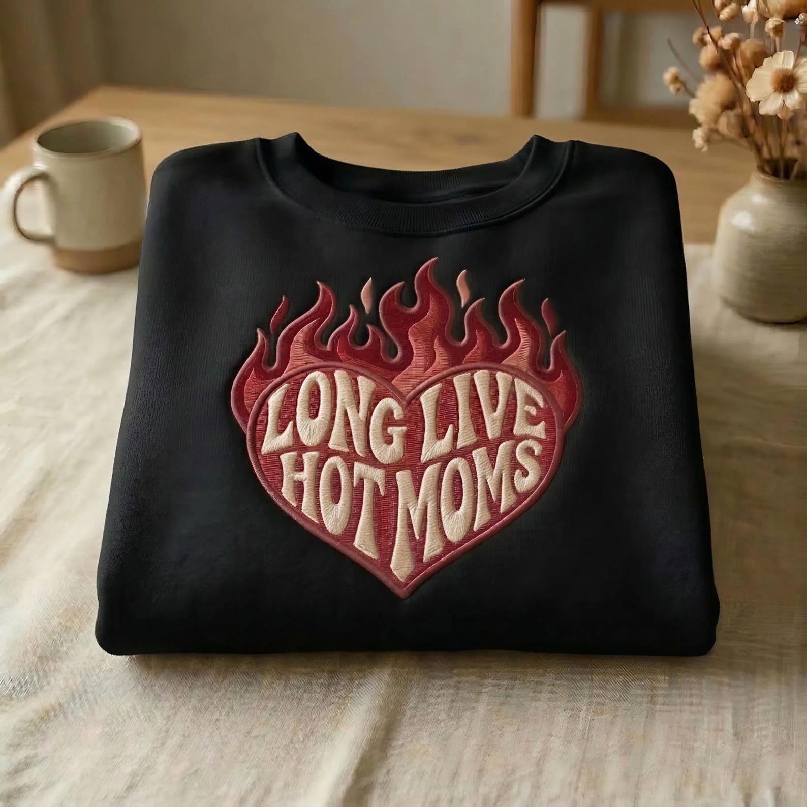 Embroidered Long Live Hot Moms Sweatshirt, Funny Mom Gift, Aesthetic Mom Crewneck, Retro Flame Heart Shirt, Mothers Day Gift 1