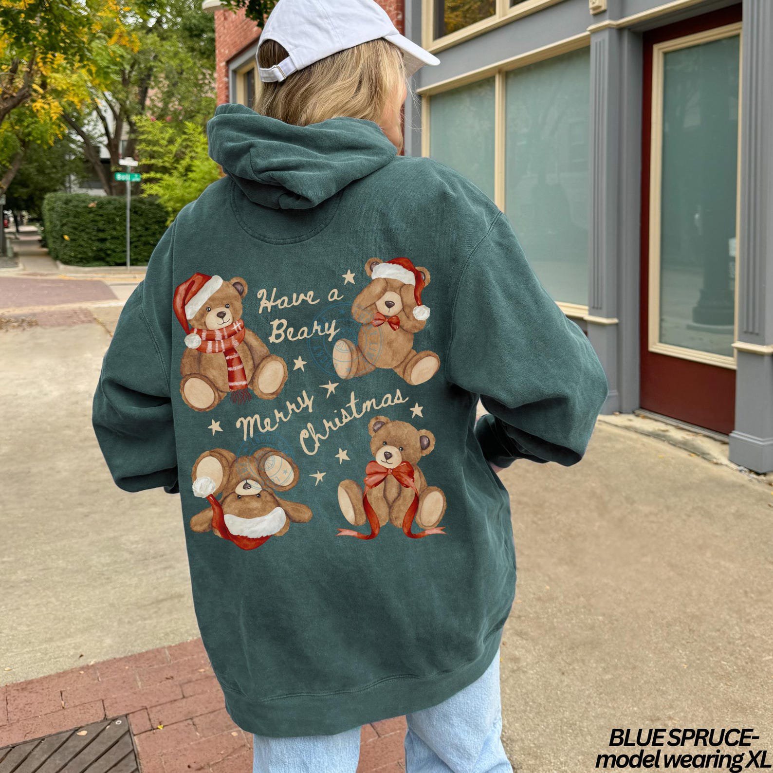 Comfort Colors® Christmas Teddy Bear Hoodie, Merry Christmas Hoodie, Bear Christmas Sweatshirt, Back Design Hoodie, Womens Hoodie, Xmas Gift 1