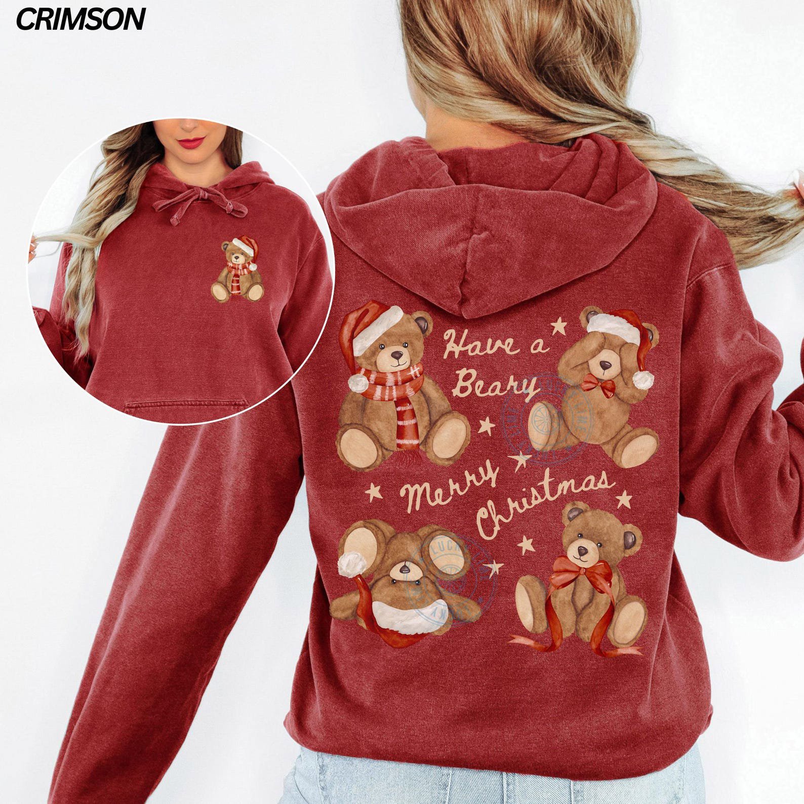 Comfort Colors® Christmas Teddy Bear Hoodie, Merry Christmas Hoodie, Bear Christmas Sweatshirt, Back Design Hoodie, Womens Hoodie, Xmas Gift 4