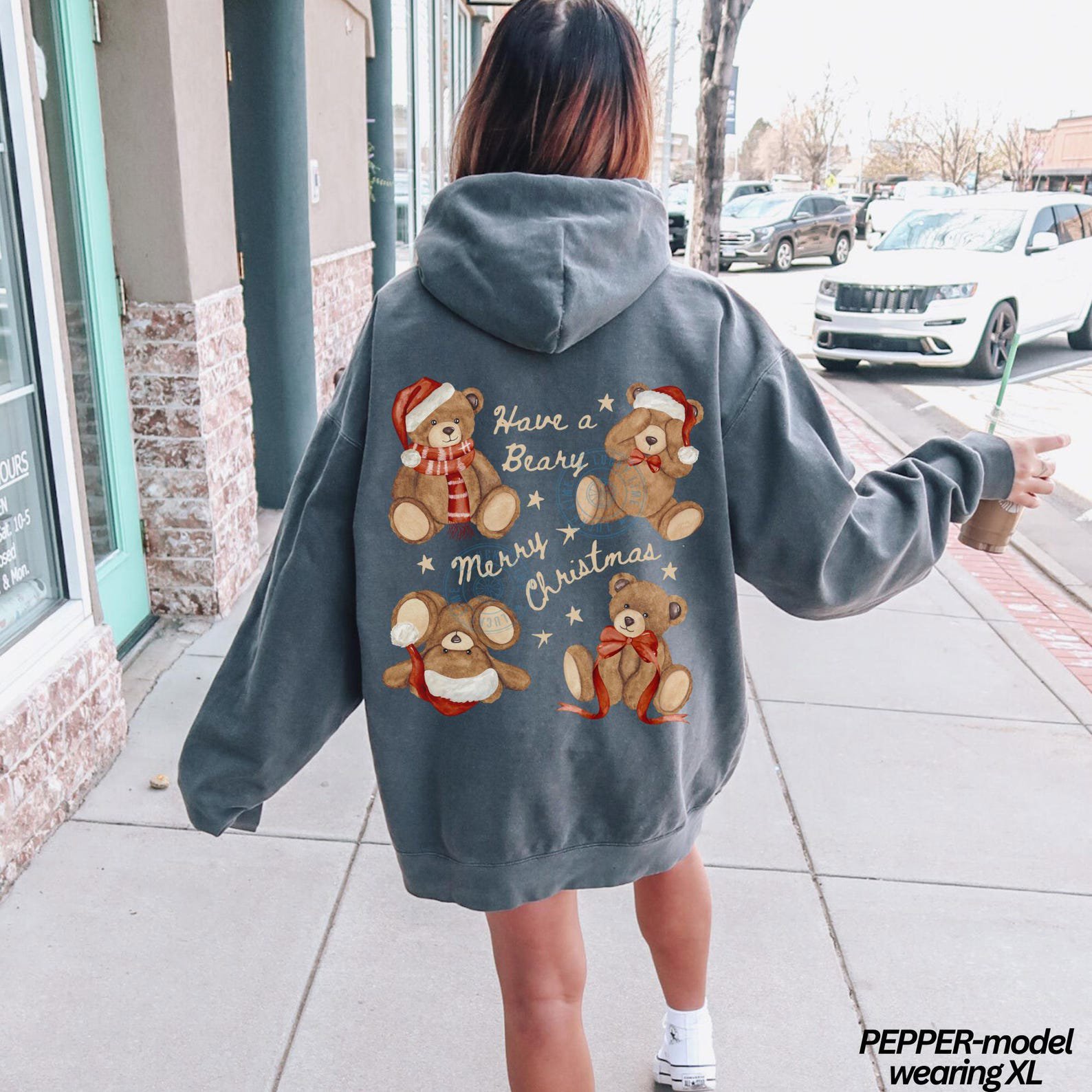 Comfort Colors® Christmas Teddy Bear Hoodie, Merry Christmas Hoodie, Bear Christmas Sweatshirt, Back Design Hoodie, Womens Hoodie, Xmas Gift 8
