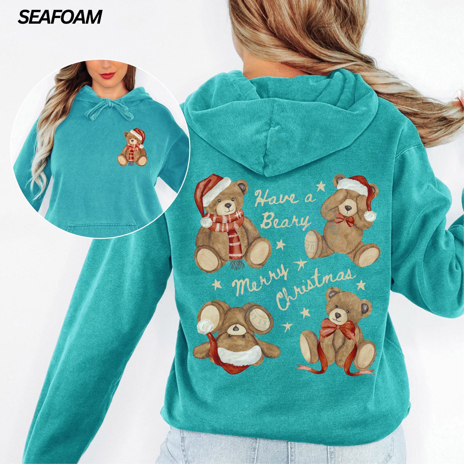Comfort Colors® Christmas Teddy Bear Hoodie, Merry Christmas Hoodie, Bear Christmas Sweatshirt, Back Design Hoodie, Womens Hoodie, Xmas Gift 9
