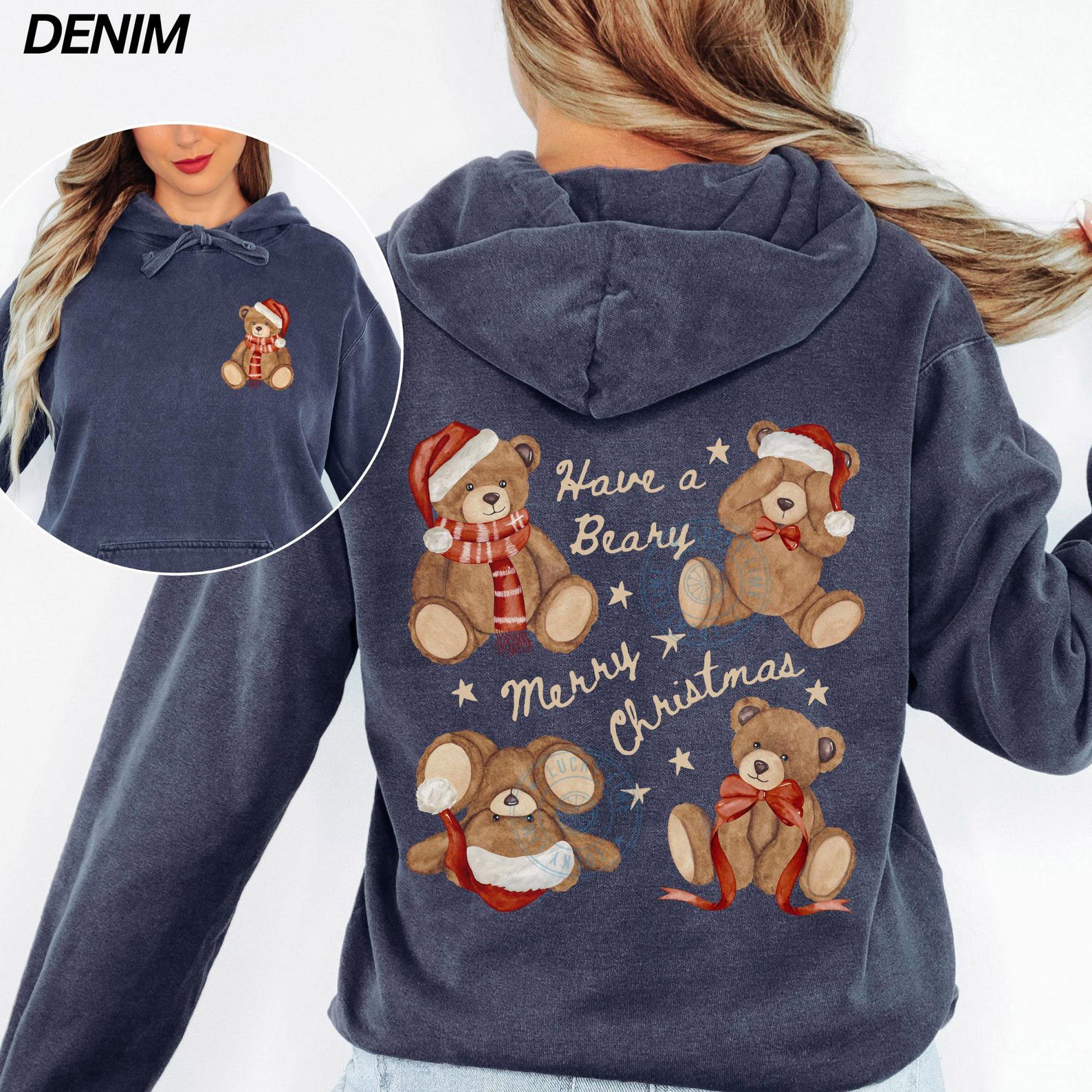 Comfort Colors® Christmas Teddy Bear Hoodie, Merry Christmas Hoodie, Bear Christmas Sweatshirt, Back Design Hoodie, Womens Hoodie, Xmas Gift 7