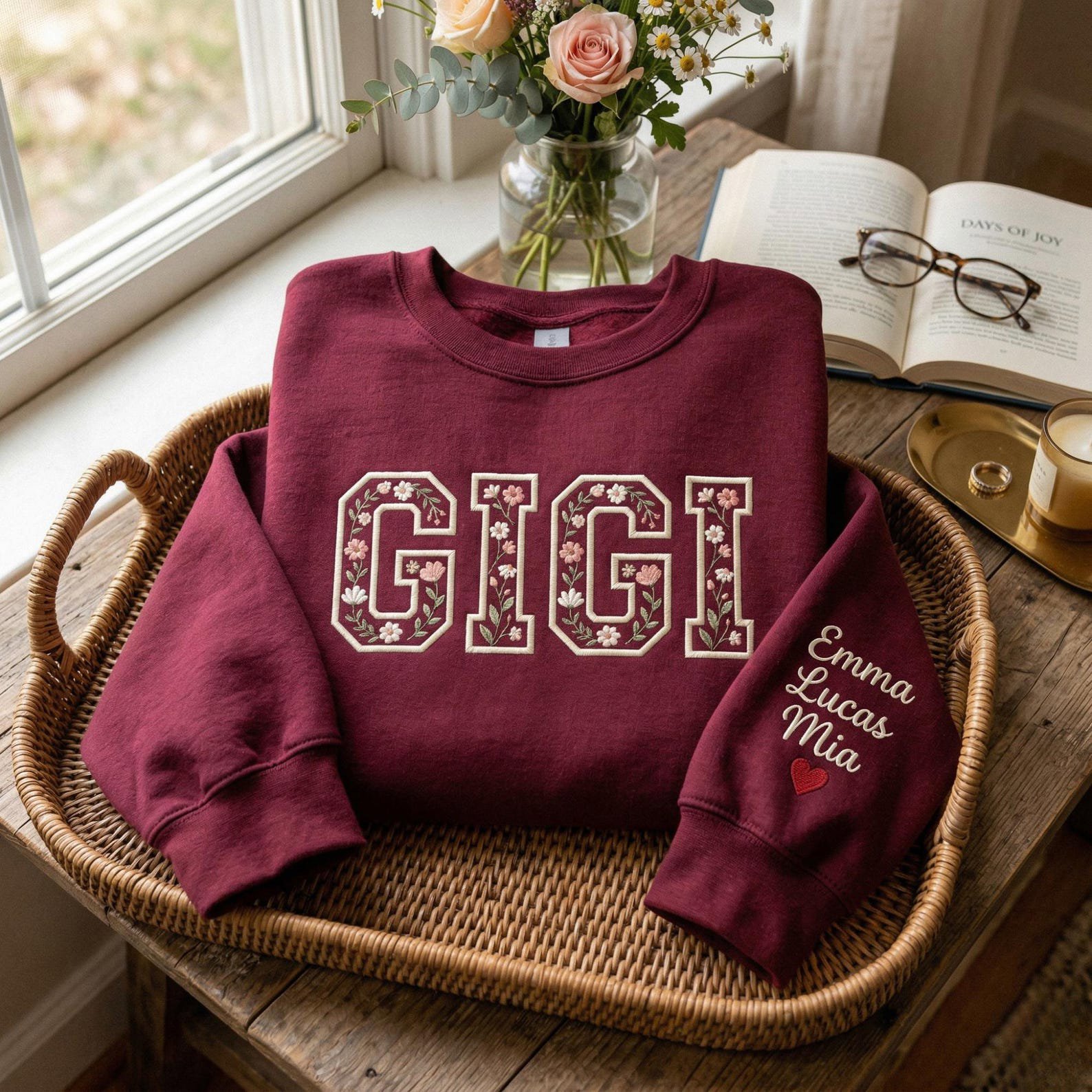 Embroidered Gigi Floral Sweatshirt, Personalized Grandma Mama Shirt, Custom Names Tee 4