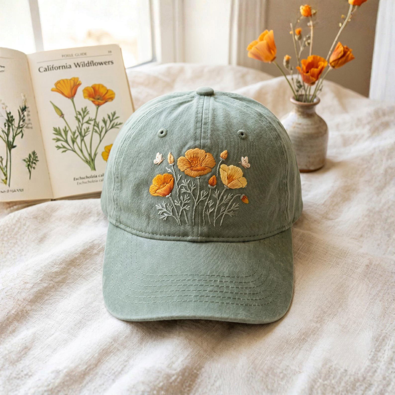 Embroidered California Poppy Hat, Hats for Mom, Gift For Nature Lovers 1