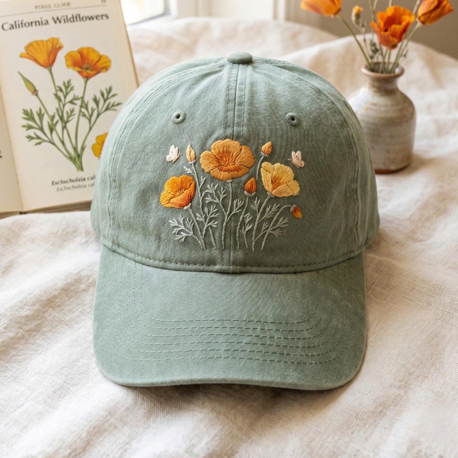Embroidered California Poppy Hat, Hats for Mom, Gift For Nature Lovers 3
