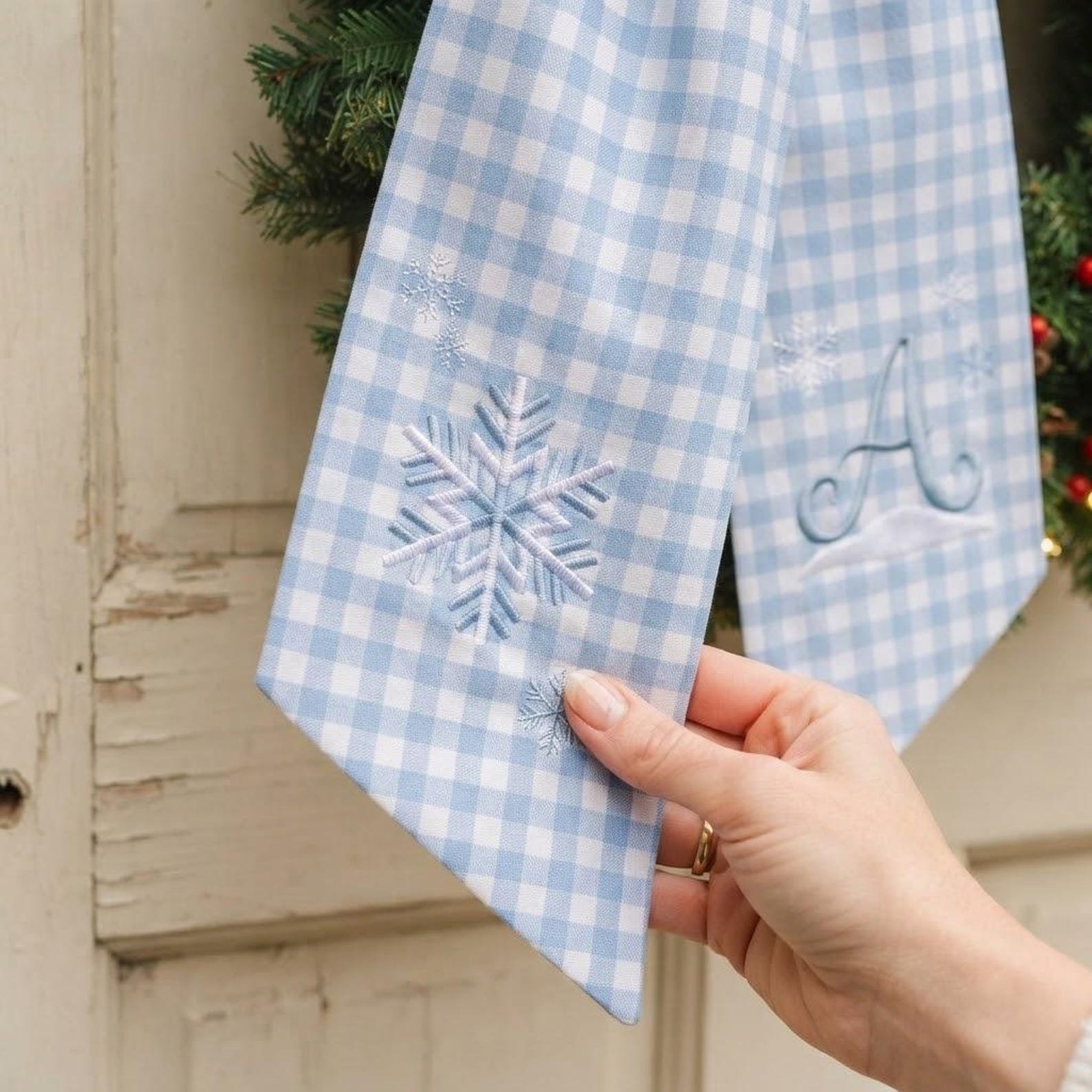 Embroidered Personalized Christmas Wreath Sash, Custom Snowflake Monogram Wreath Bow, Winter Front Door Decor 3