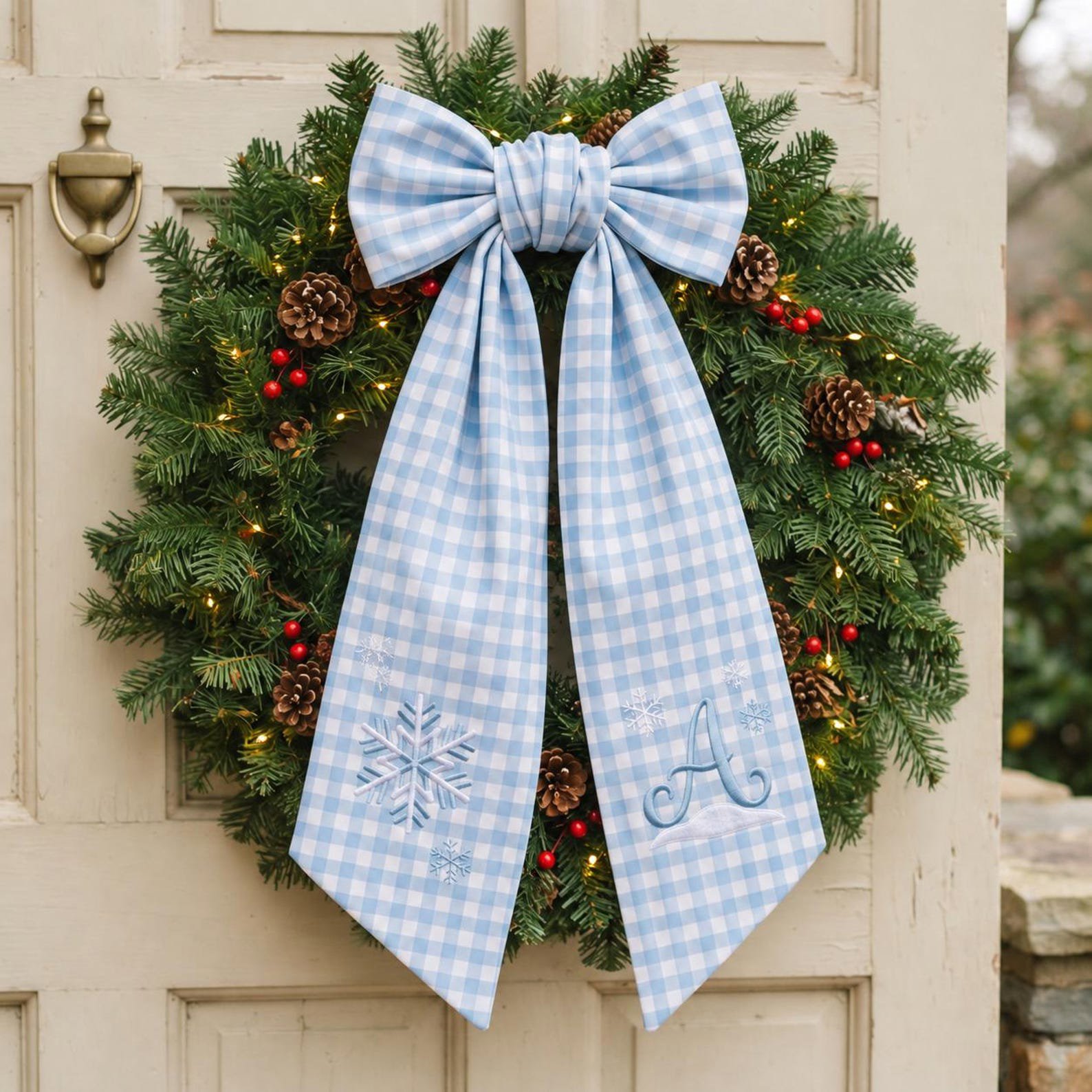 Embroidered Personalized Christmas Wreath Sash, Custom Snowflake Monogram Wreath Bow, Winter Front Door Decor 1