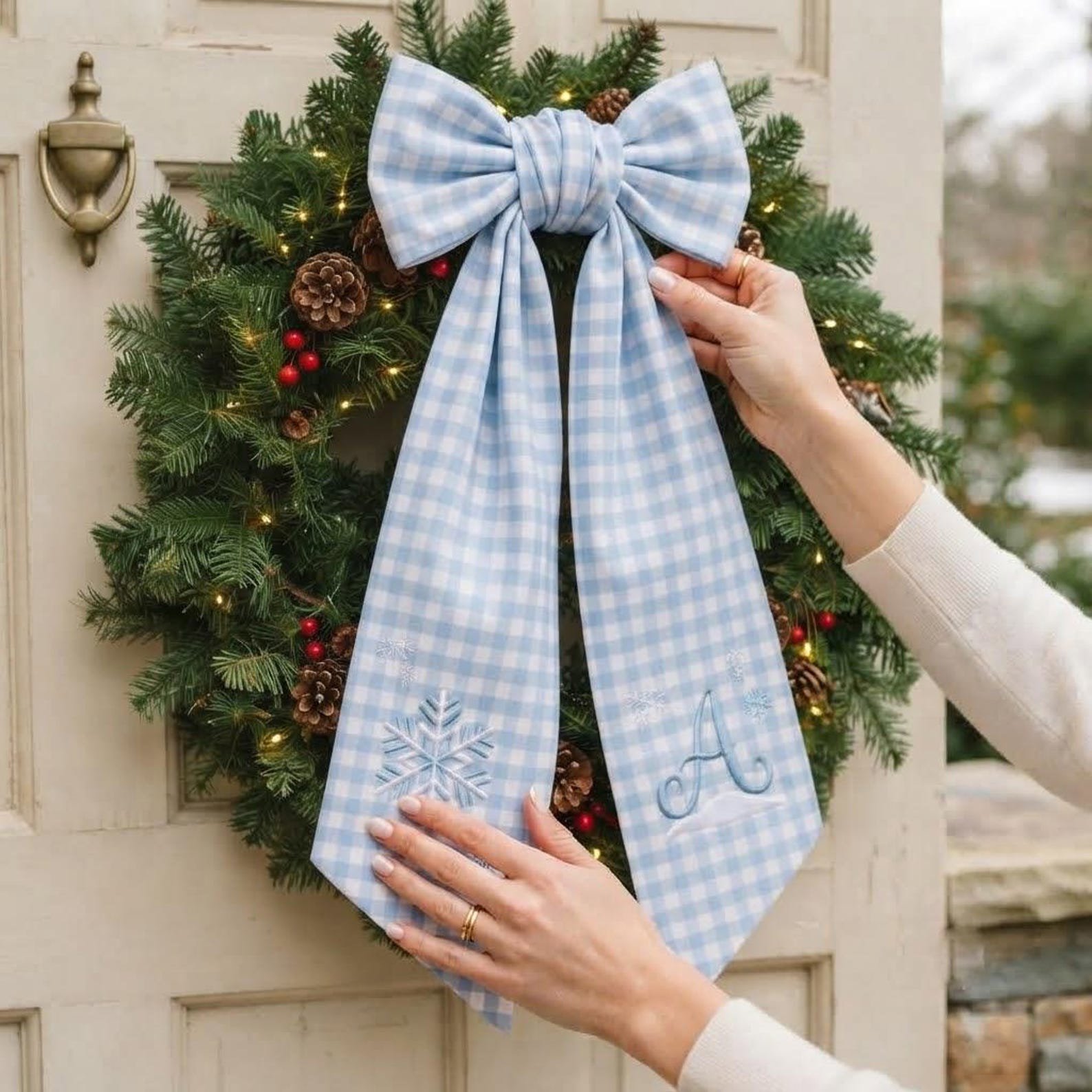Embroidered Personalized Christmas Wreath Sash, Custom Snowflake Monogram Wreath Bow, Winter Front Door Decor 4
