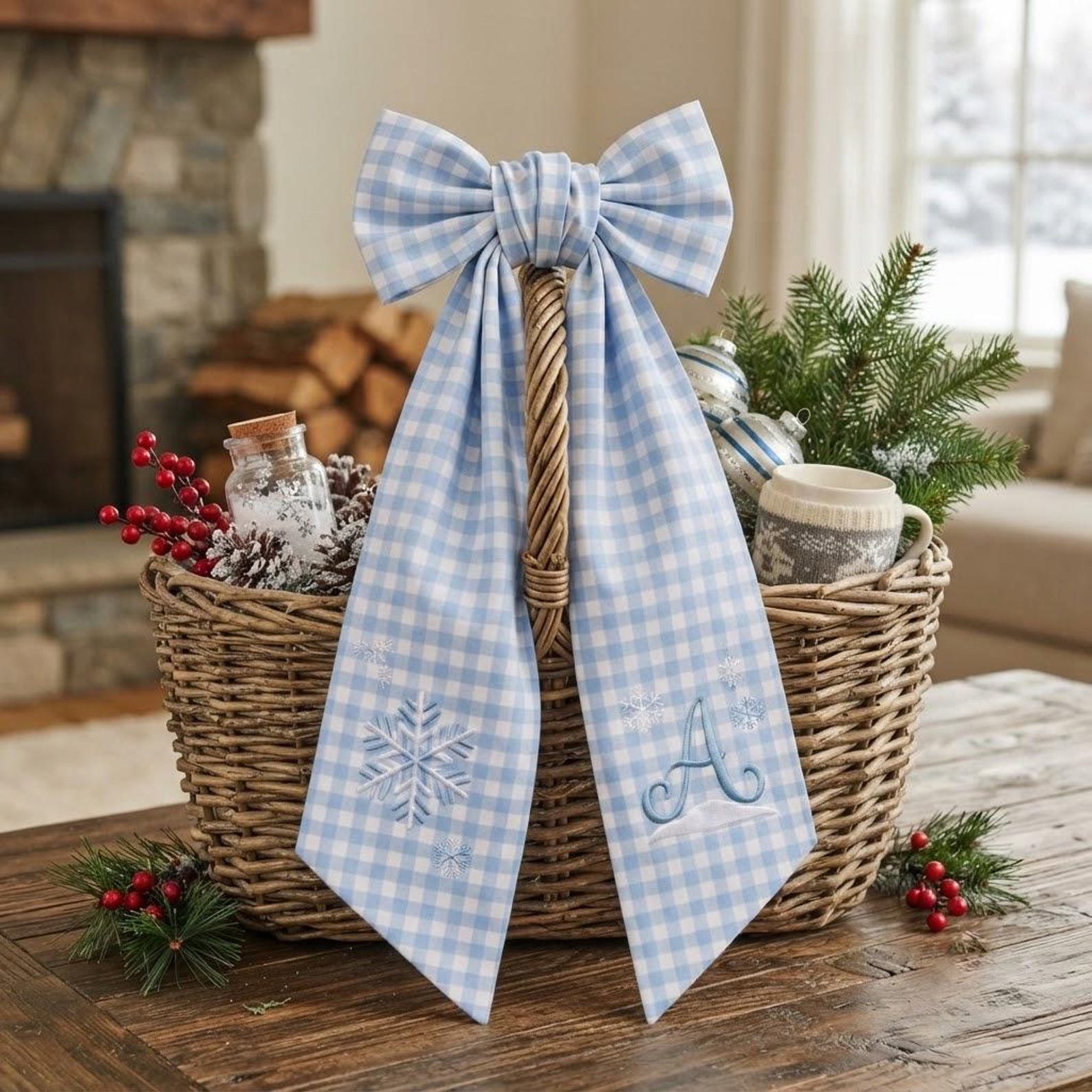Embroidered Personalized Christmas Wreath Sash, Custom Snowflake Monogram Wreath Bow, Winter Front Door Decor 5