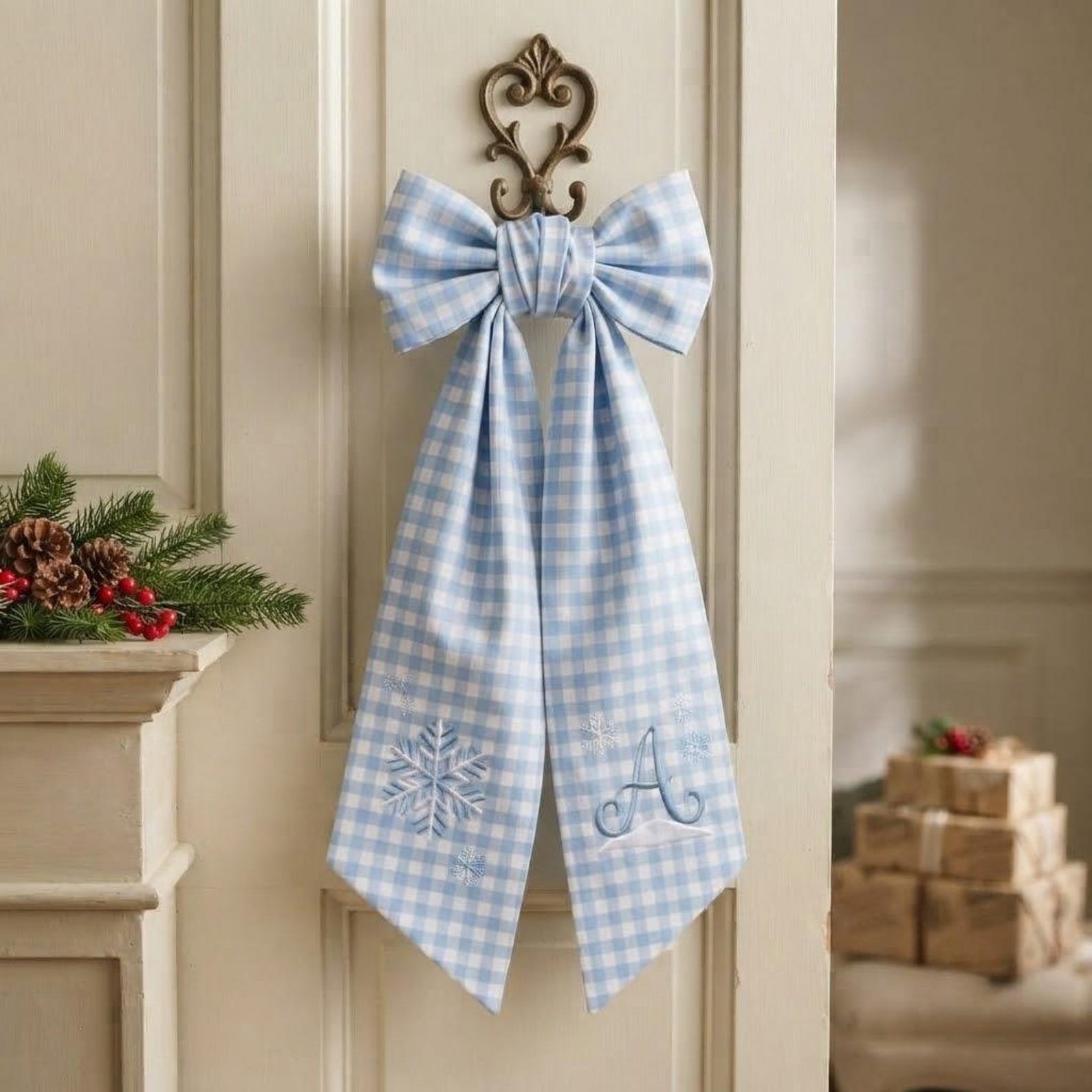 Embroidered Personalized Christmas Wreath Sash, Custom Snowflake Monogram Wreath Bow, Winter Front Door Decor 7