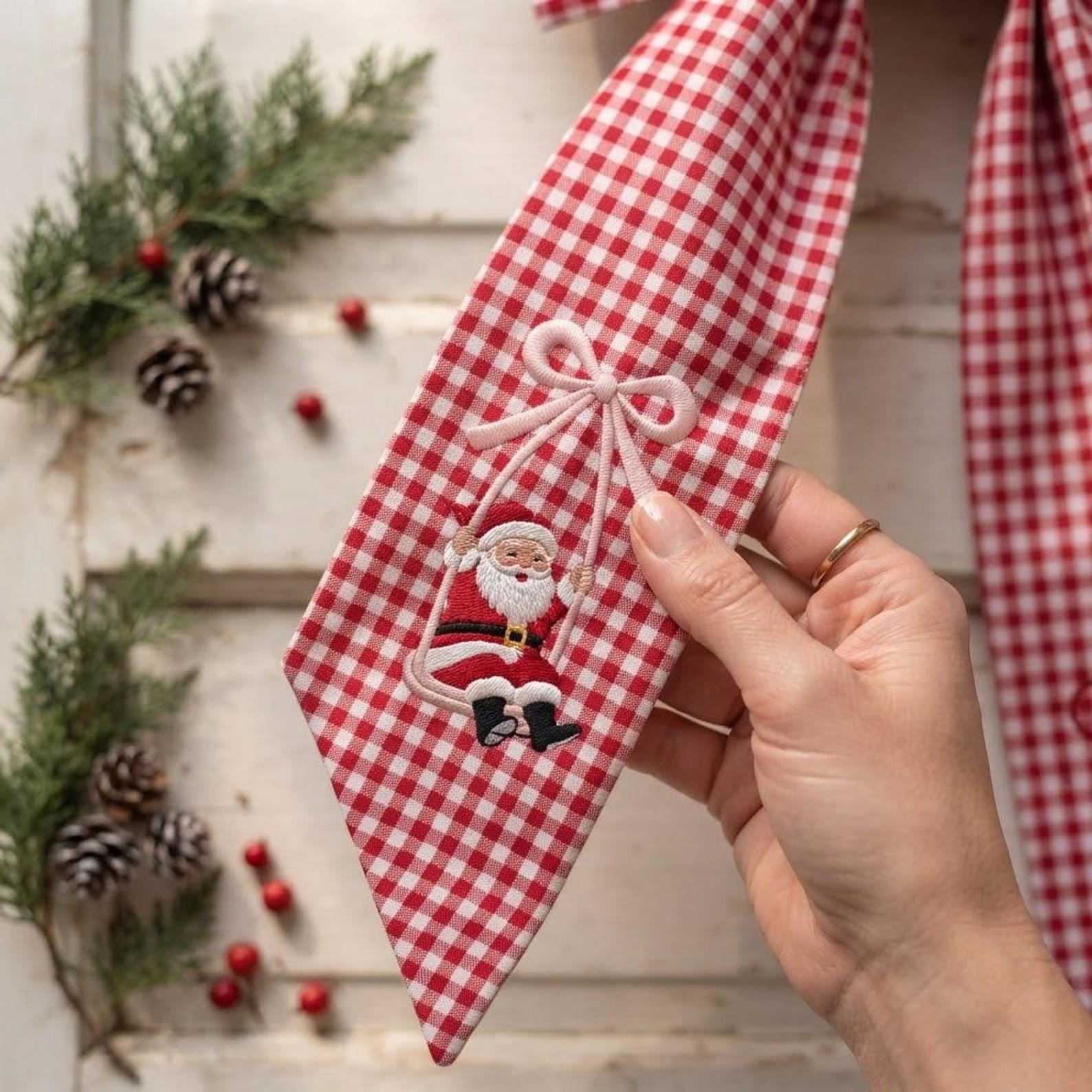 Embroidered Personalized Christmas Wreath Sash, Custom Santa Monogram Wreath Bow, Red Gingham Christmas Door Decor, Xmas Front Door 3