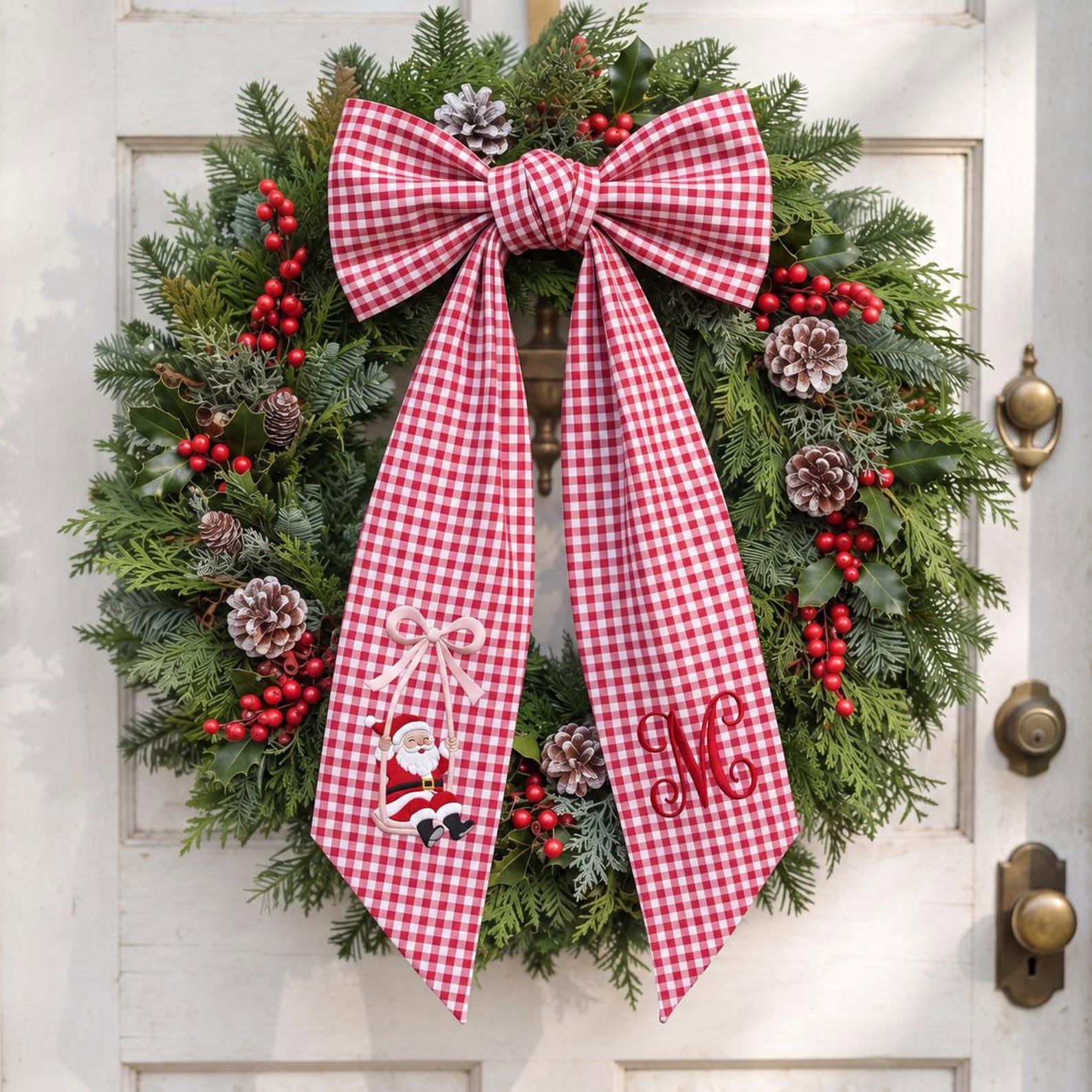 Embroidered Personalized Christmas Wreath Sash, Custom Santa Monogram Wreath Bow, Red Gingham Christmas Door Decor, Xmas Front Door 1