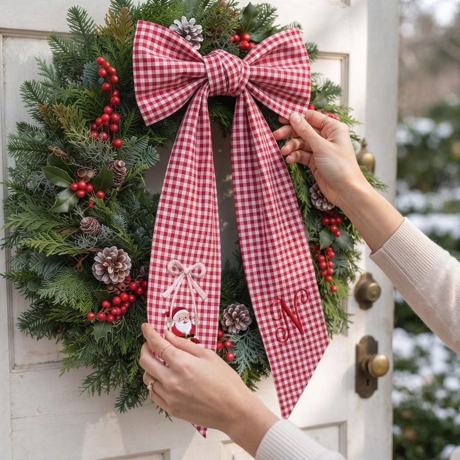 Embroidered Personalized Christmas Wreath Sash, Custom Santa Monogram Wreath Bow, Red Gingham Christmas Door Decor, Xmas Front Door 4