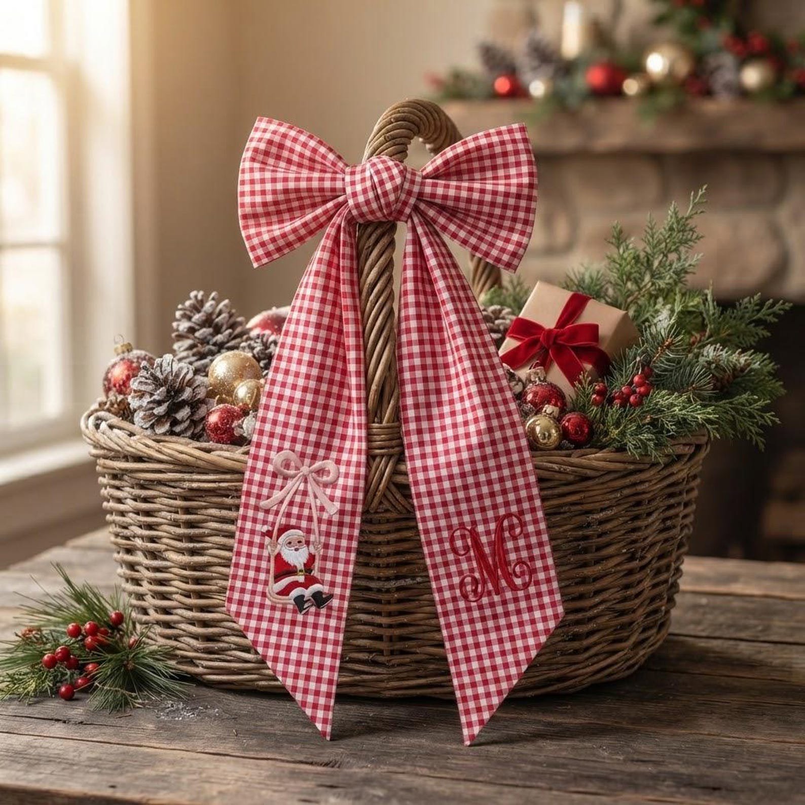 Embroidered Personalized Christmas Wreath Sash, Custom Santa Monogram Wreath Bow, Red Gingham Christmas Door Decor, Xmas Front Door 5