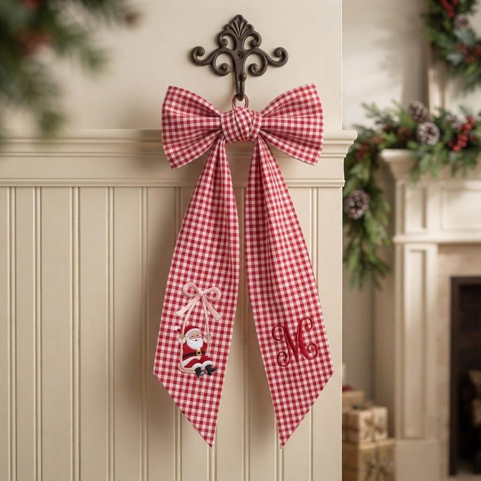 Embroidered Personalized Christmas Wreath Sash, Custom Santa Monogram Wreath Bow, Red Gingham Christmas Door Decor, Xmas Front Door 6