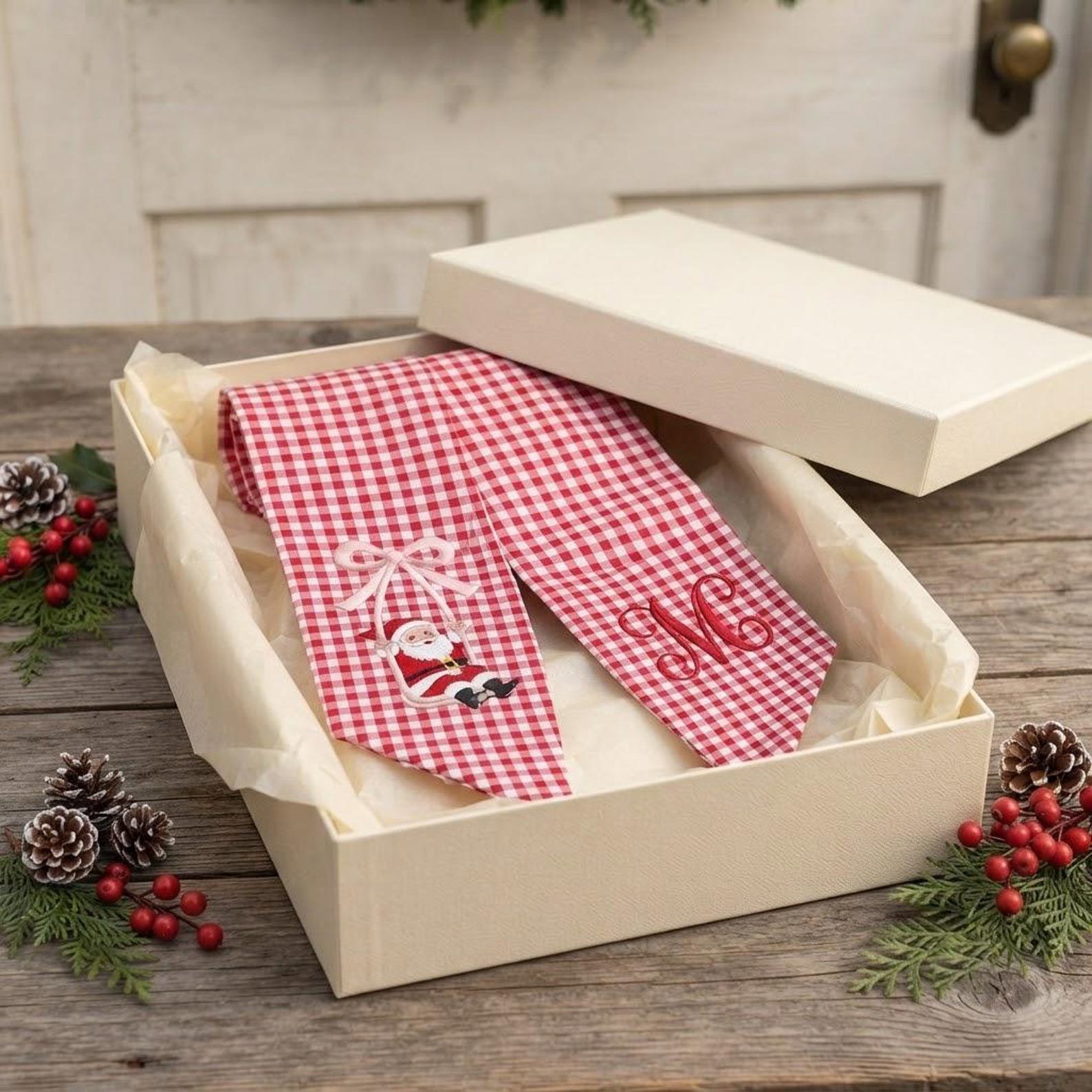 Embroidered Personalized Christmas Wreath Sash, Custom Santa Monogram Wreath Bow, Red Gingham Christmas Door Decor, Xmas Front Door 7