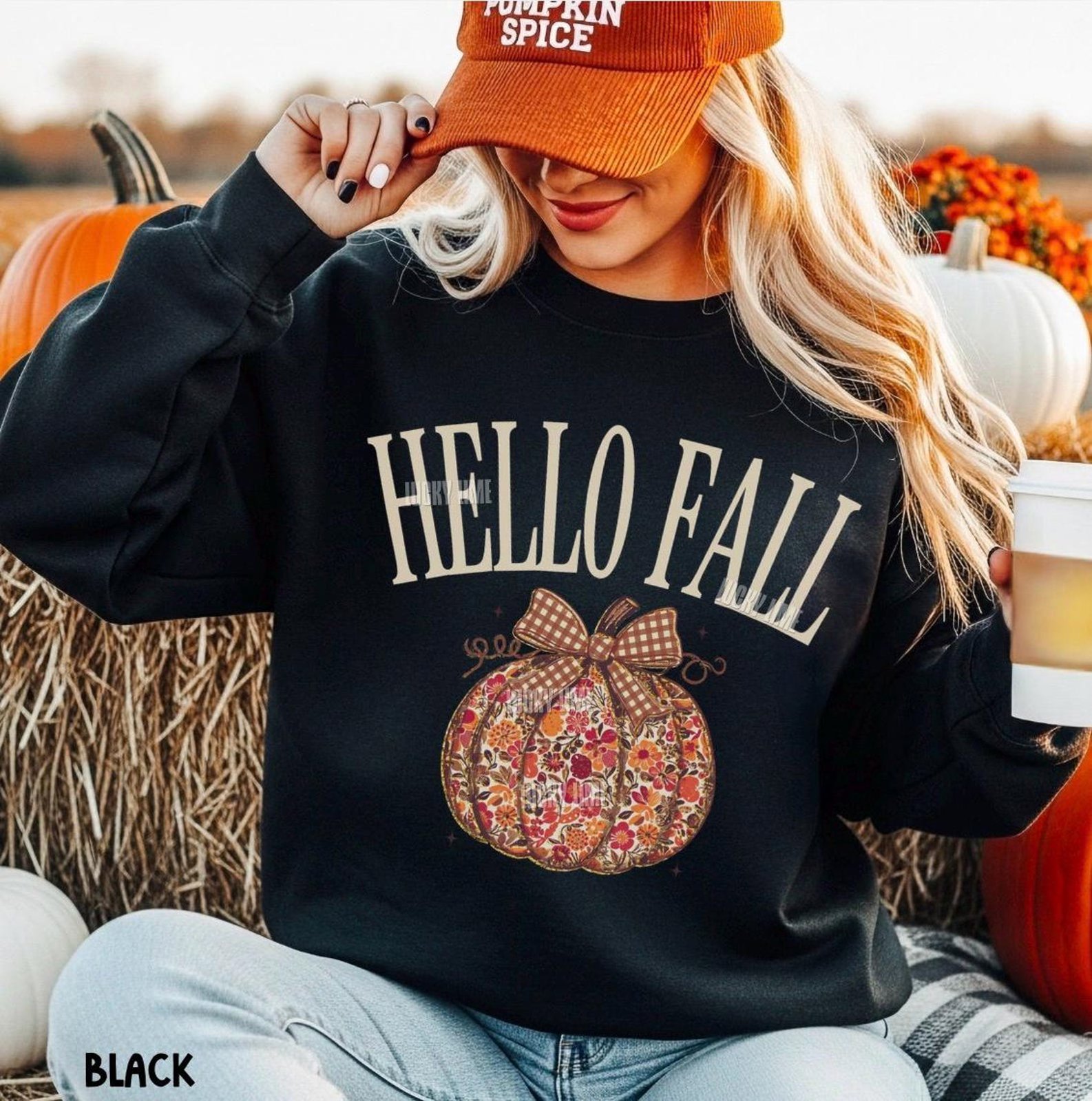 Hello Fall Sweatshirt, Floral Pumpkin Sweatshirt, Cute Fall Crewneck, Plaid Bow Autumn Shirt, Thanksgiving Sweater, Trendy Fall Sweatshirts 3