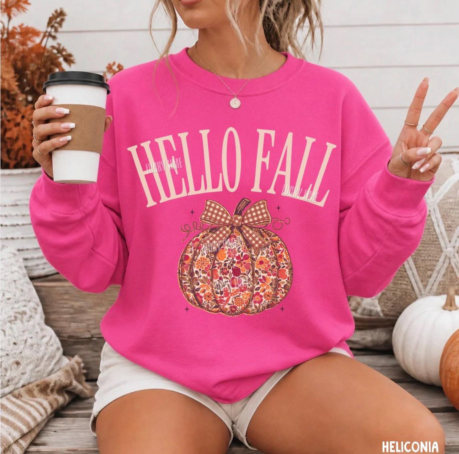 Hello Fall Sweatshirt, Floral Pumpkin Sweatshirt, Cute Fall Crewneck, Plaid Bow Autumn Shirt, Thanksgiving Sweater, Trendy Fall Sweatshirts 9