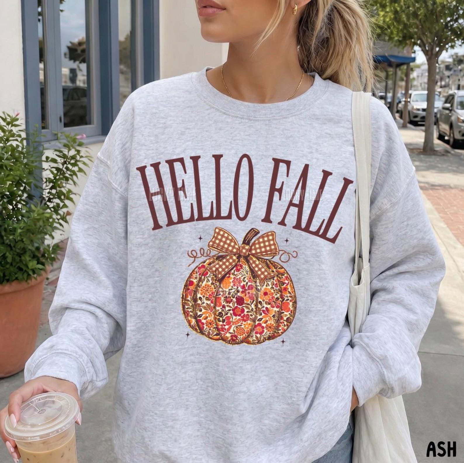 Hello Fall Sweatshirt, Floral Pumpkin Sweatshirt, Fall Crewneck, Plaid Bow Autumn Shirt, Thanksgiving Sweater, Trendy Fall Sweatshirts 3