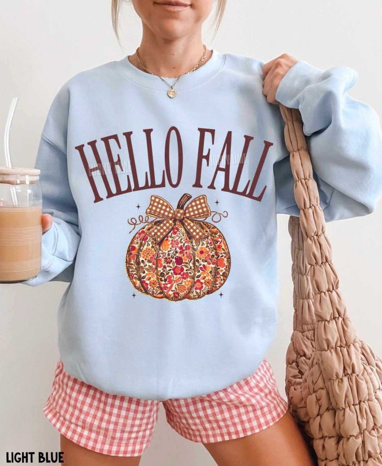 Hello Fall Sweatshirt, Floral Pumpkin Sweatshirt, Fall Crewneck, Plaid Bow Autumn Shirt, Thanksgiving Sweater, Trendy Fall Sweatshirts 6