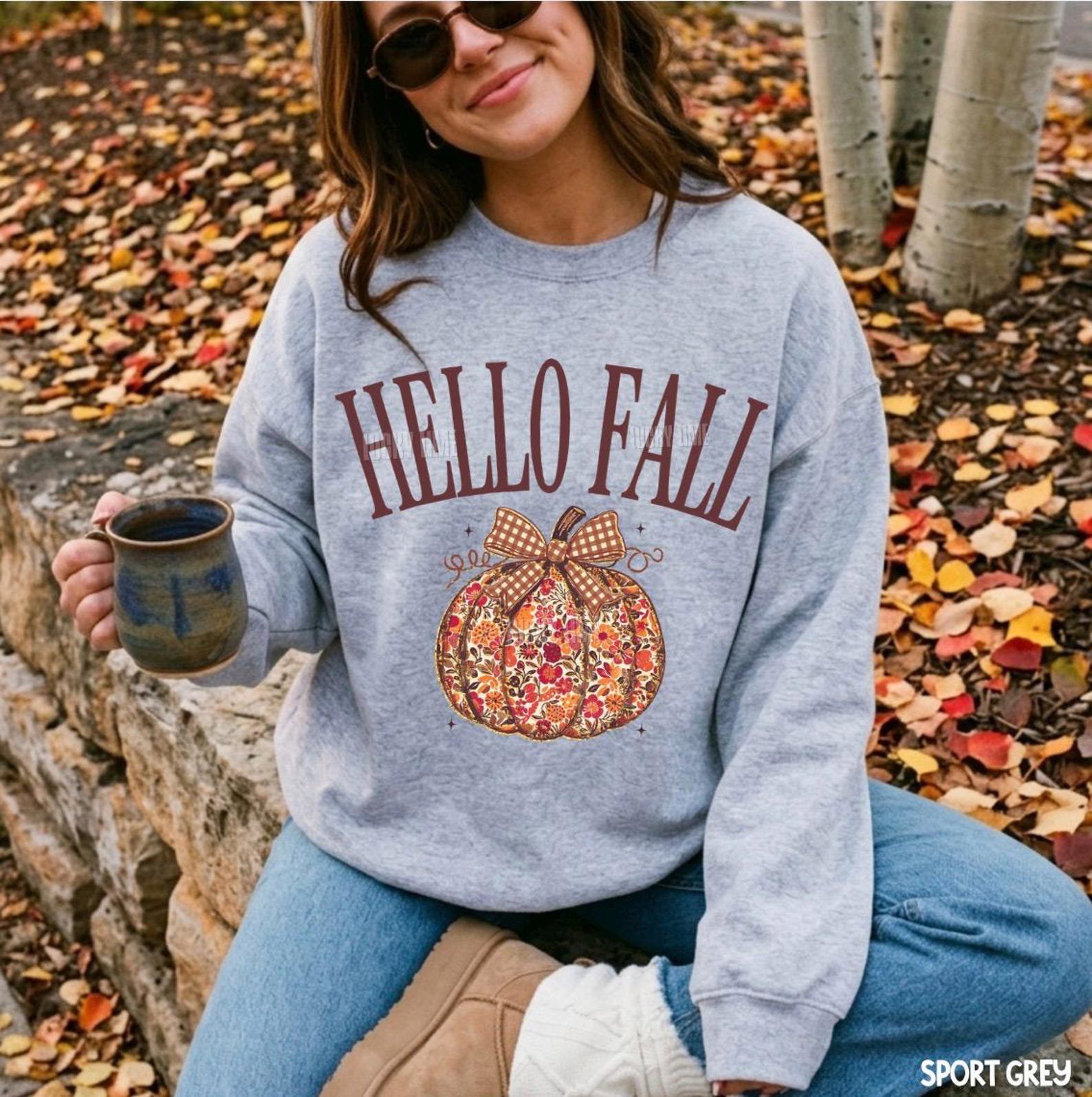 Hello Fall Sweatshirt, Floral Pumpkin Sweatshirt, Fall Crewneck, Plaid Bow Autumn Shirt, Thanksgiving Sweater, Trendy Fall Sweatshirts 5