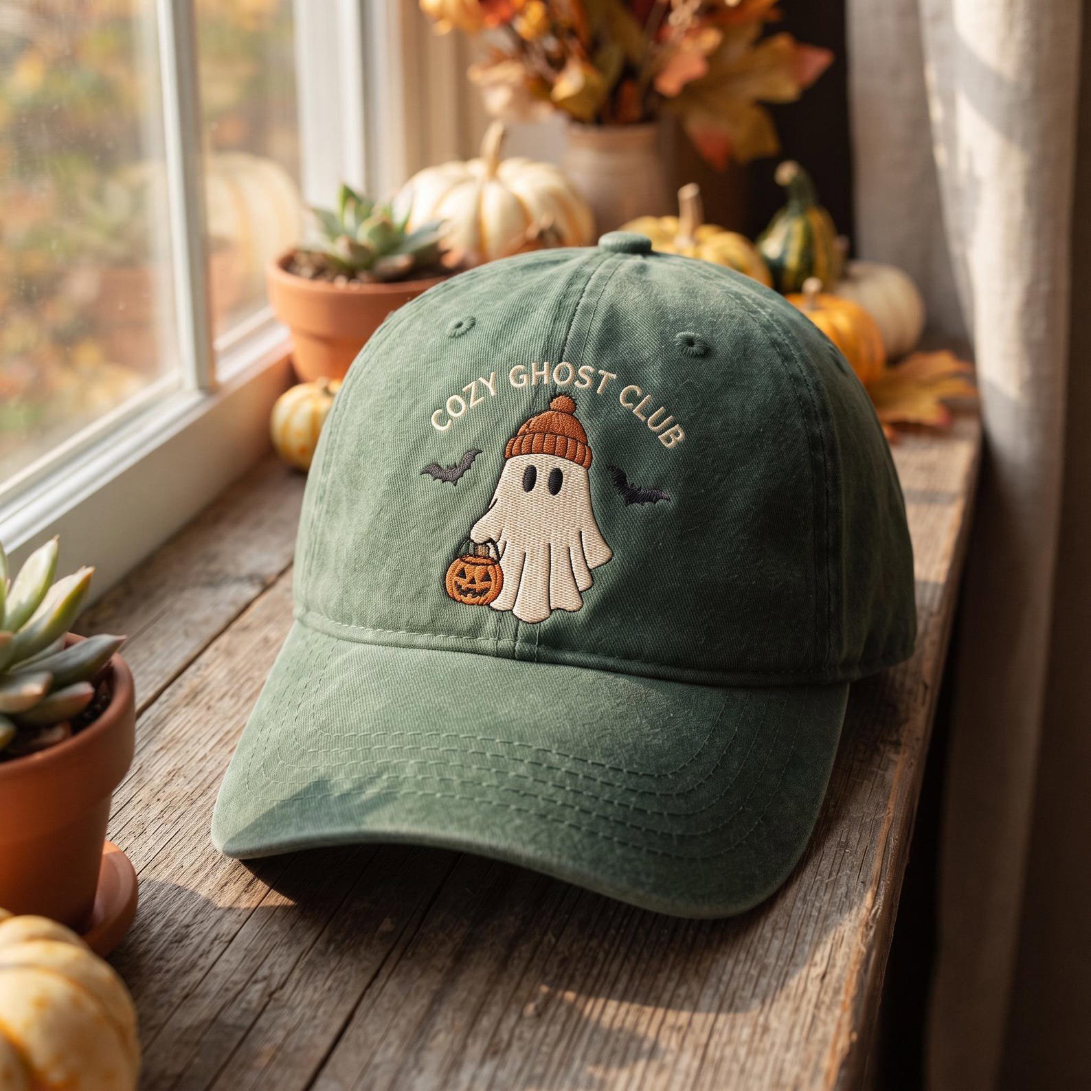 Embroidered Halloween Ghost Washed Hat, Cozy Ghost Club Hat, Ghost Pumpkin Hat, Spooky Baseball Hat, Fall Halloween Gift 1