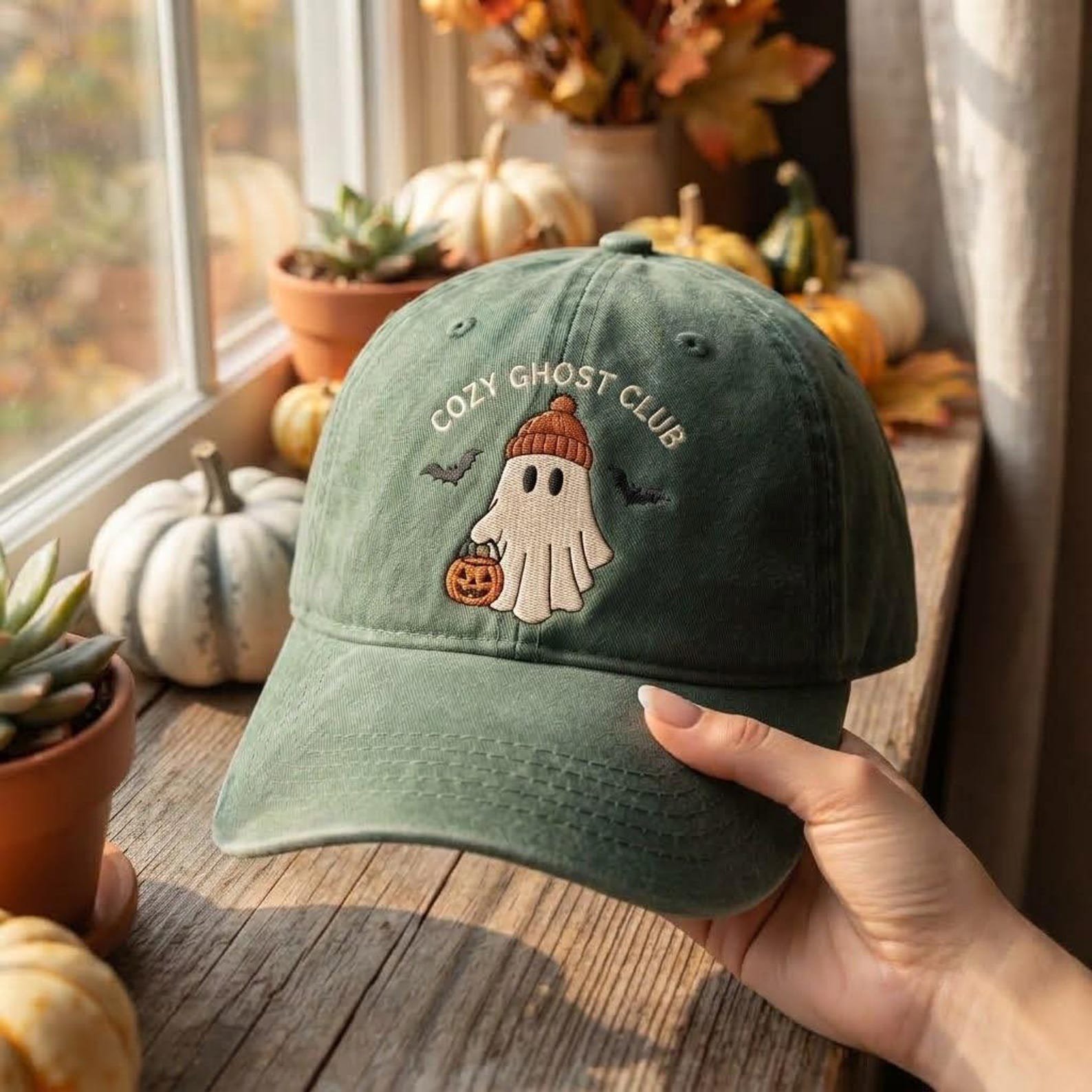 Embroidered Halloween Ghost Washed Hat, Cozy Ghost Club Hat, Ghost Pumpkin Hat, Spooky Baseball Hat, Fall Halloween Gift 4
