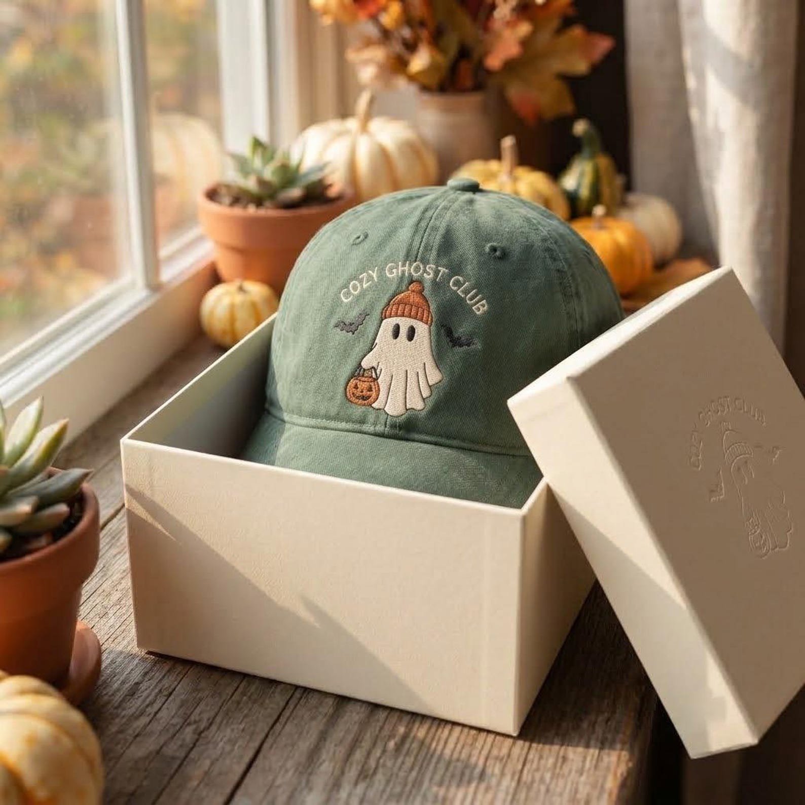 Embroidered Halloween Ghost Washed Hat, Cozy Ghost Club Hat, Ghost Pumpkin Hat, Spooky Baseball Hat, Fall Halloween Gift 6