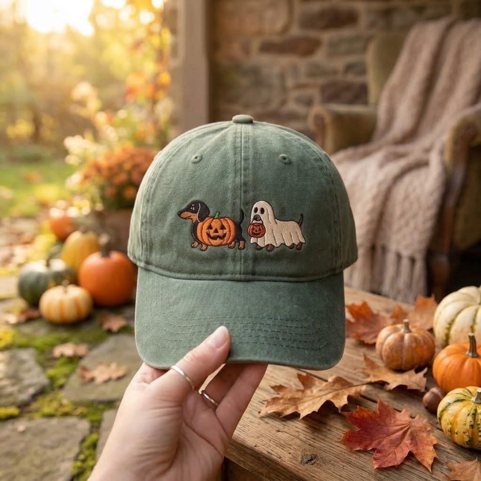 Embroidered Dachshund Halloween Washed Hat, Ghost Wiener Dog, Halloween Dog Hats, Dachshund Mom Gift 5
