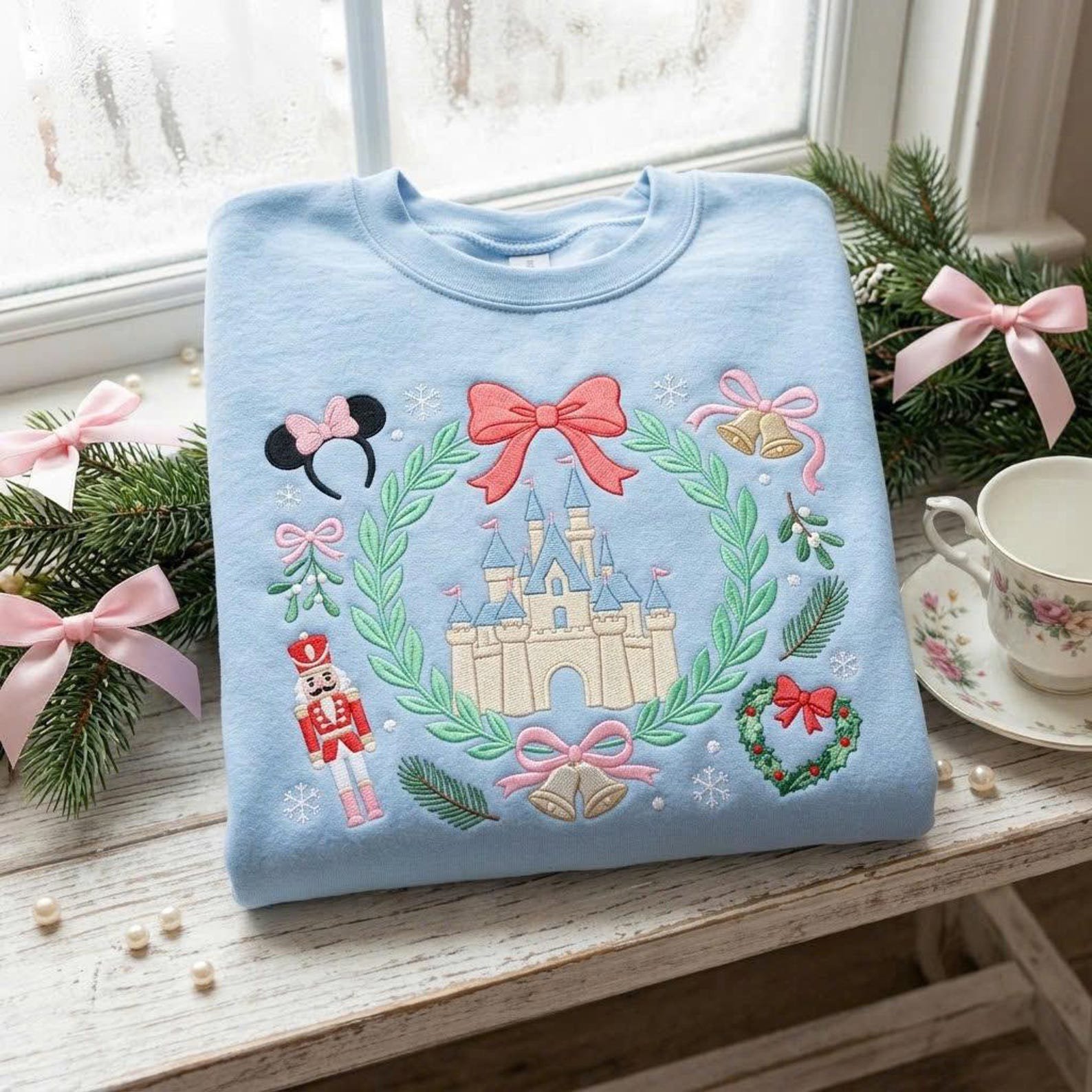 Christmas Castle Embroidered Sweatshirt, Holiday Bow Nutcracker Sweatshirt, Magical Christmas Wreath Embroidery, Festive Gift 1